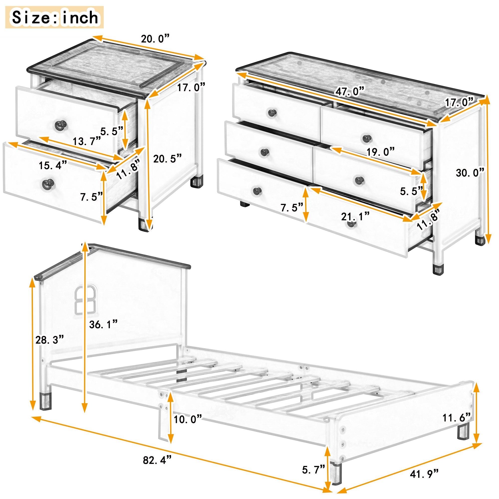 3-Pieces Bedroom Sets Twin Size Platform Bed with Nightstand andStorage dresser,White+Pink