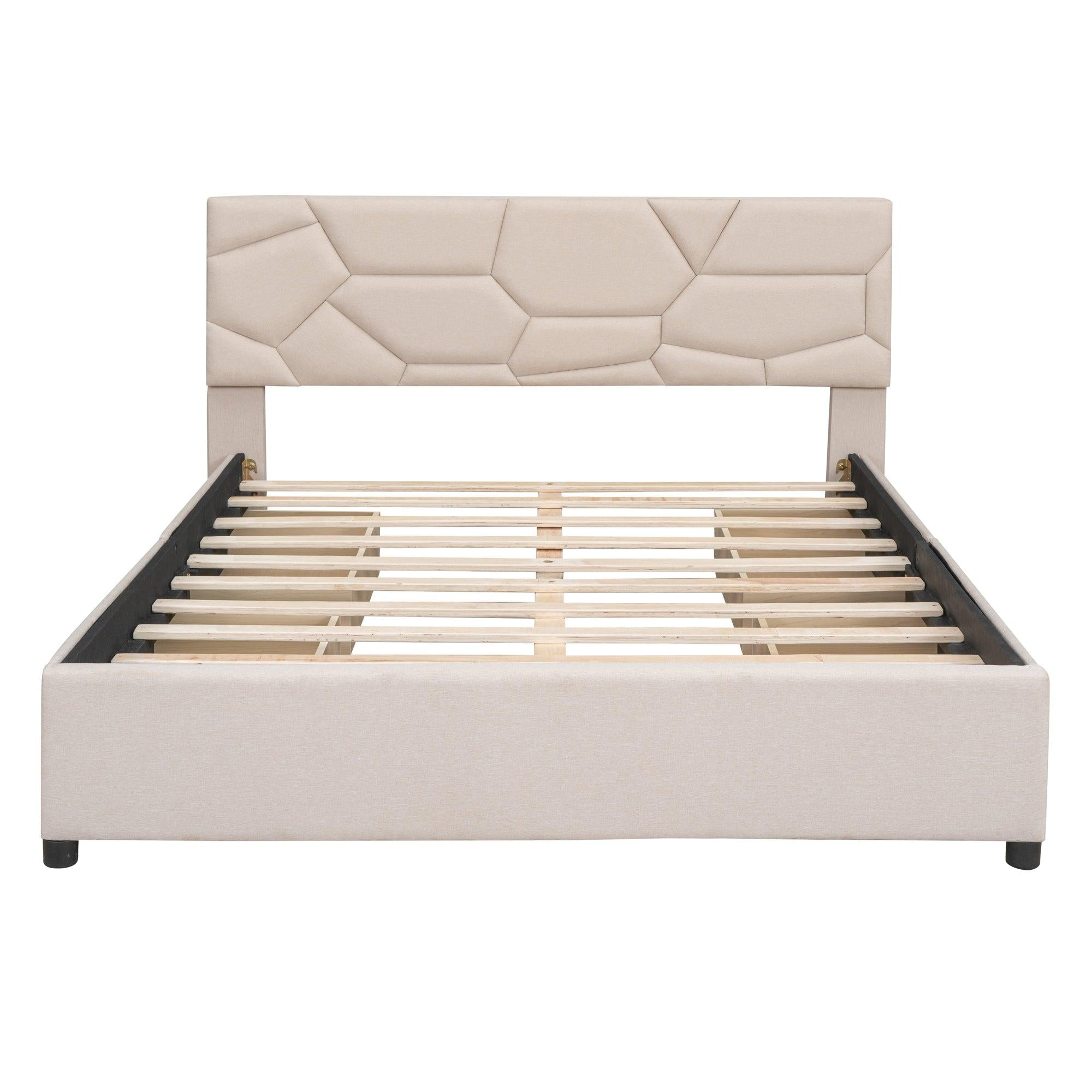 Queen Size Upholstered Platform Bed with Brick Pattern Heardboard and 4 Drawers, Linen Fabric, Beige