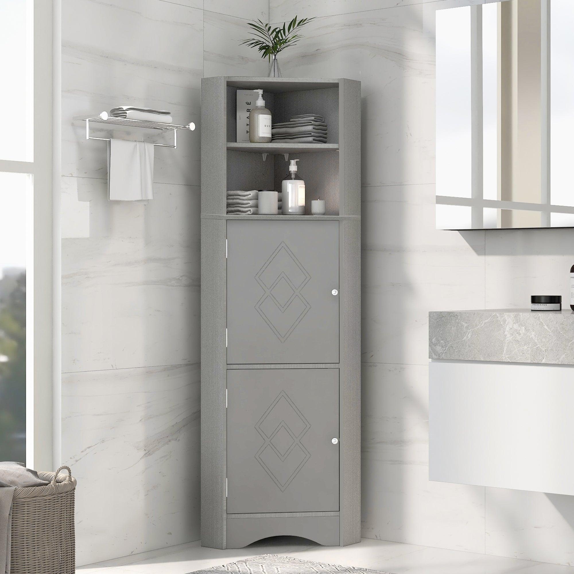 Tall Bathroom Corner Cabinet, FreestandingStorage Cabinet with Doors and Adjustable Shelves, MDF Board, Gray