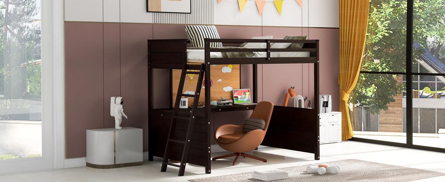 Full size Loft Bed with Desk and Writing Board, Wooden Loft Bed with Desk - Espresso