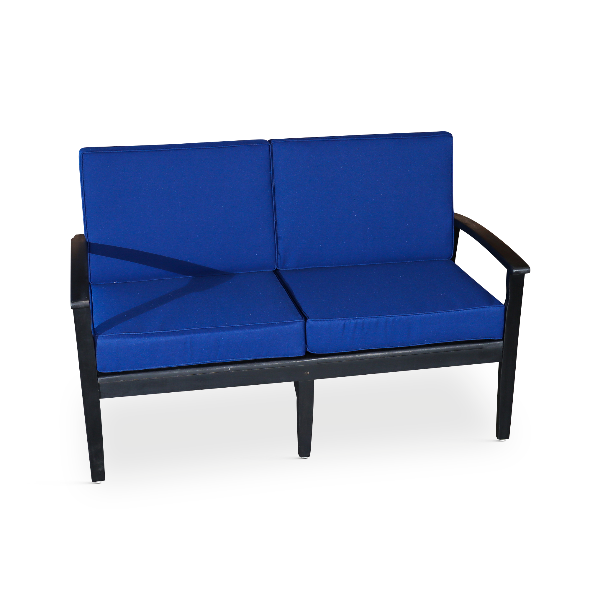 Eucalyptus Loveseat with Cushions, Espresso Finish, Navy Cushions