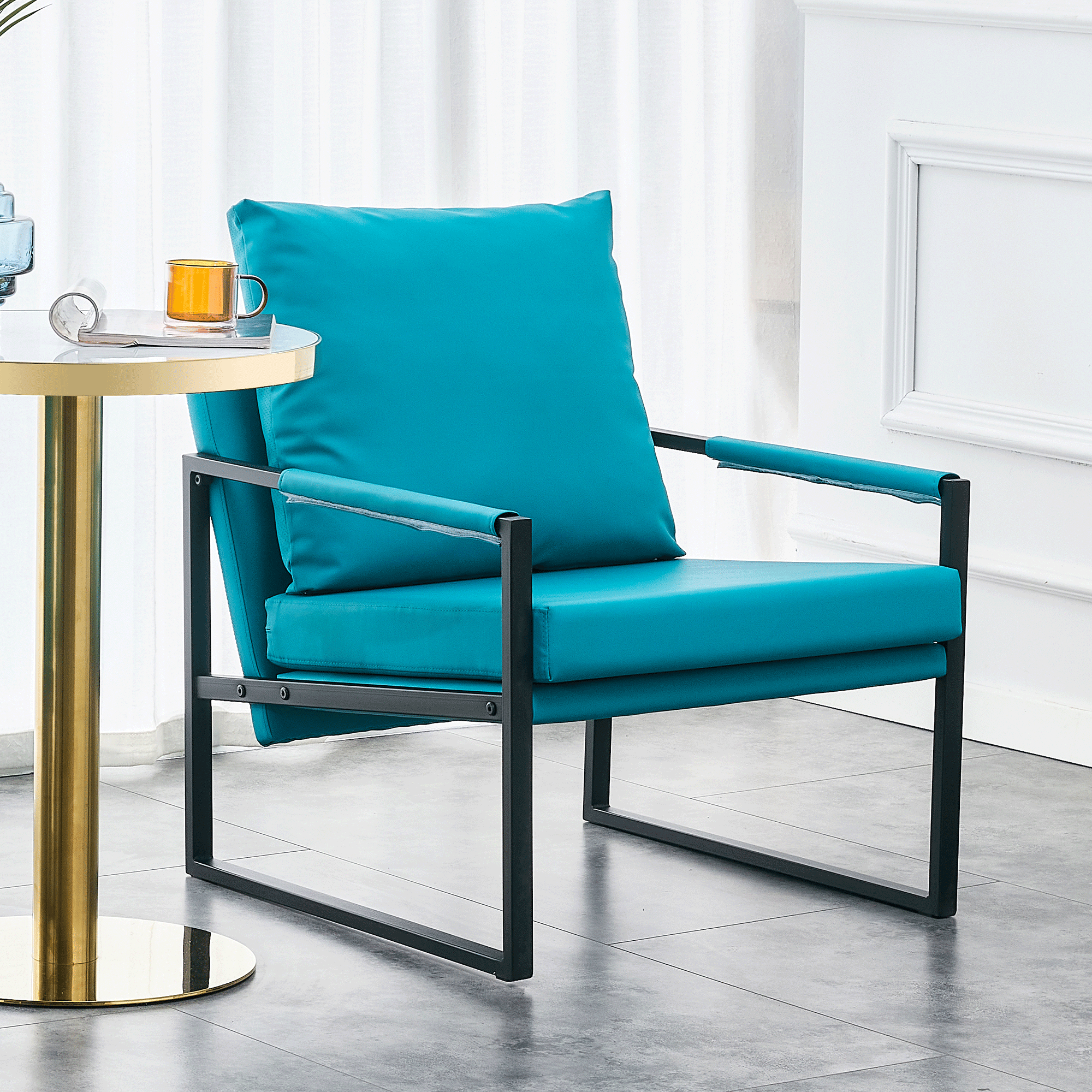 PU Leather Accent Arm Chair Mid CenturyModern Upholstered Armchair with Metal Frame Extra-Thick Padded Backrest and Seat Cushion Sofa Chairs for Living Room ( Cyan PU Leather + Metal + Foam )