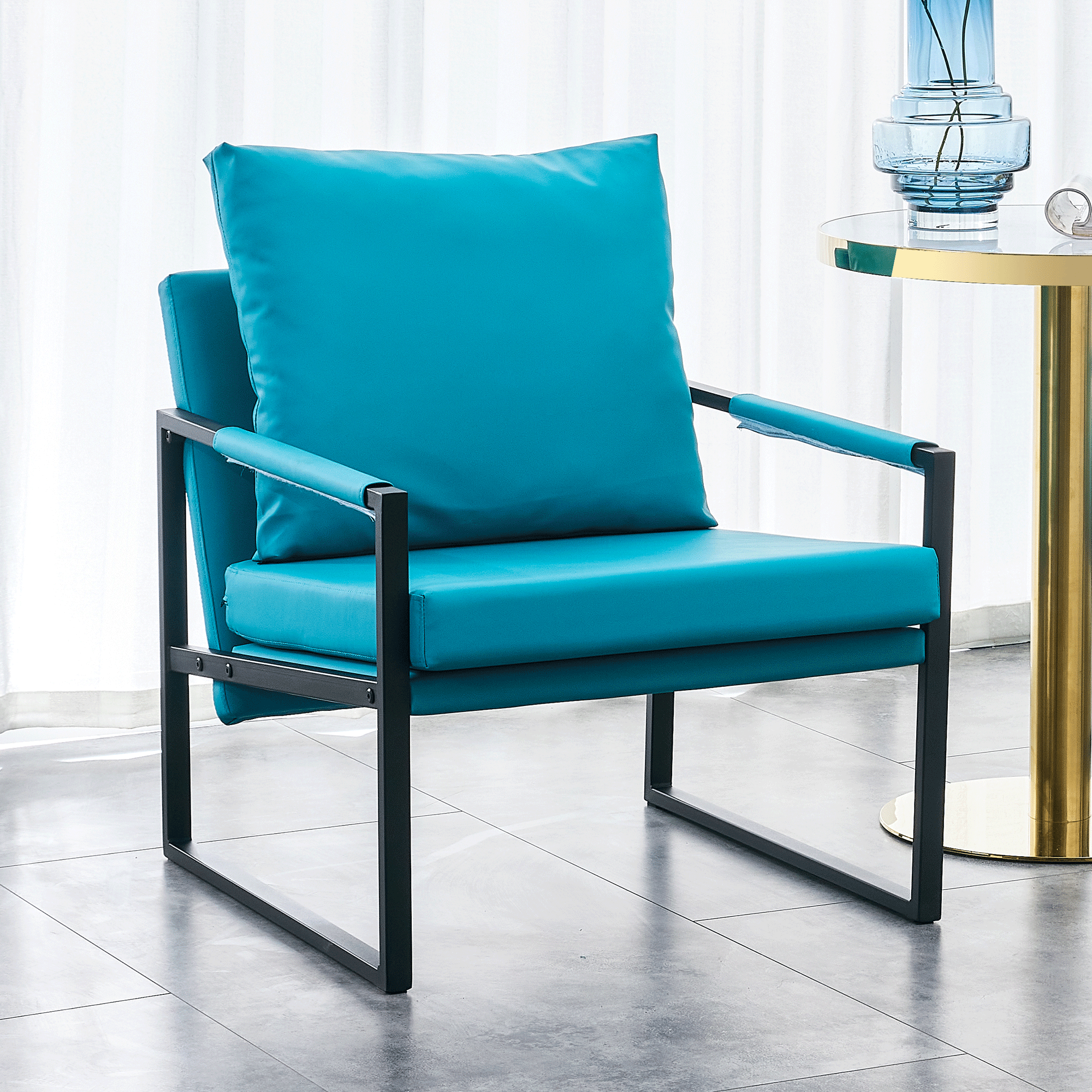 PU Leather Accent Arm Chair Mid CenturyModern Upholstered Armchair with Metal Frame Extra-Thick Padded Backrest and Seat Cushion Sofa Chairs for Living Room ( Cyan PU Leather + Metal + Foam )