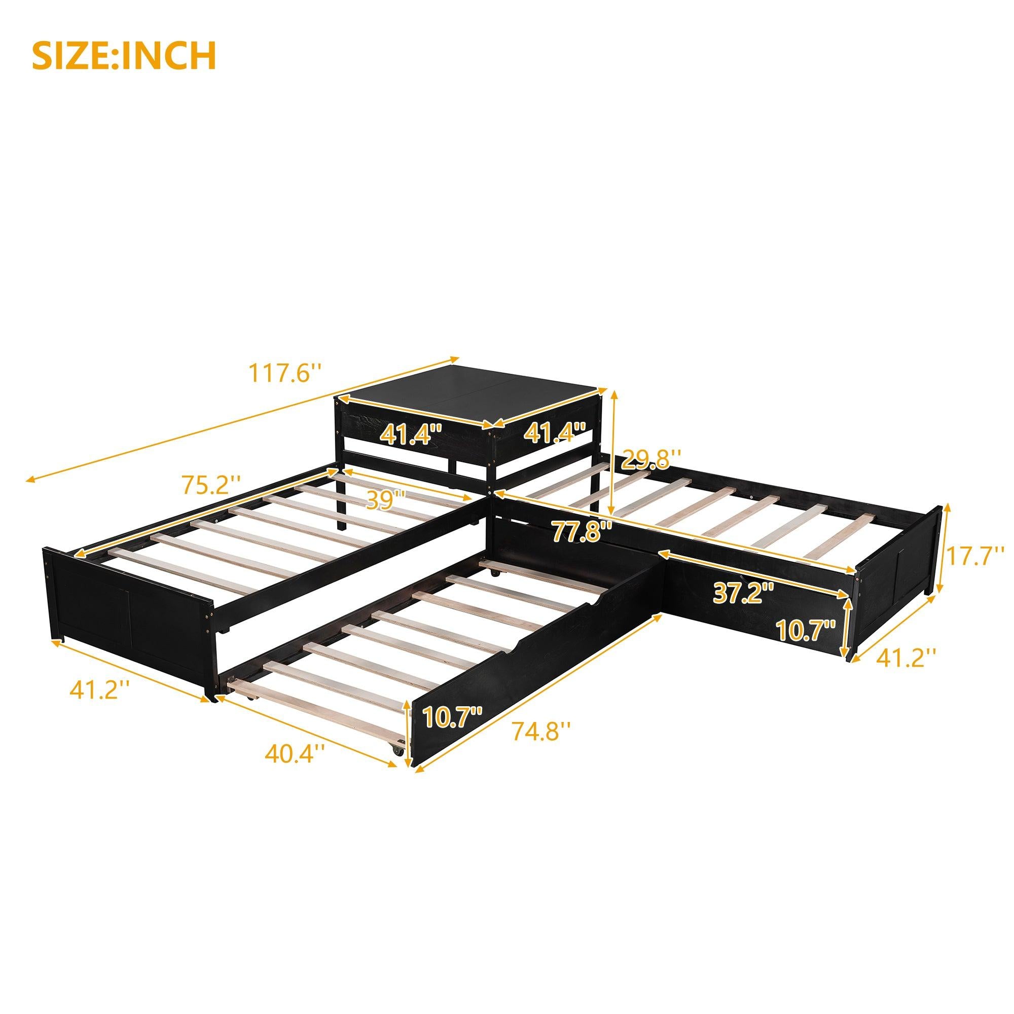 L-shaped Platform Bed with Trundle and Drawers Linked with built-in Desk,Twin,Espresso