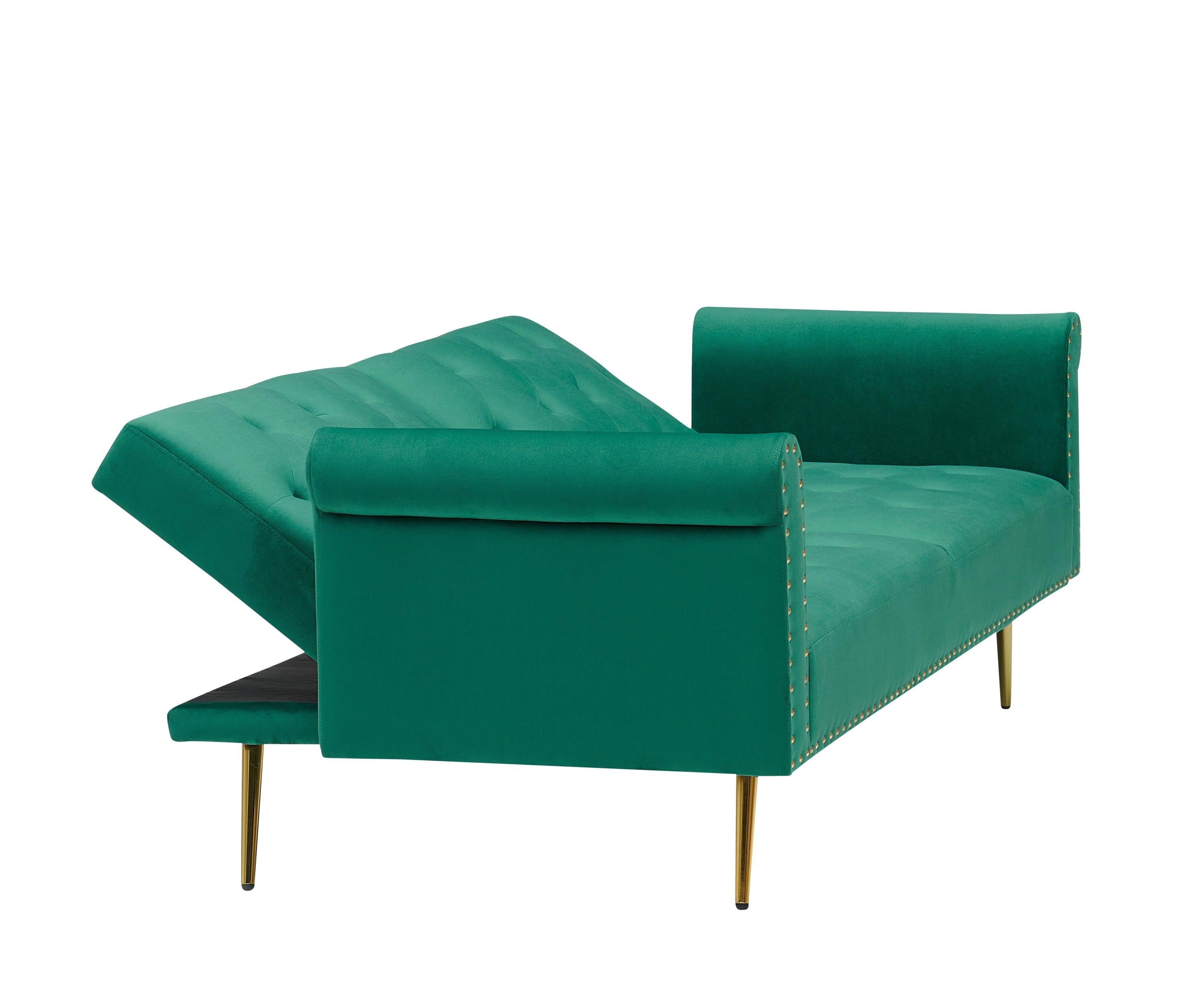 Green velvet nail head sofa bed with throw pillow and midfoot