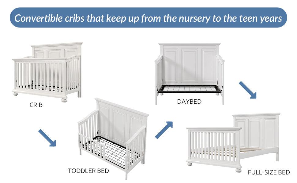 3 Pieces Nursery Sets Traditional Farmhouse Style 4-in-1 Convertible Crib +Dresser with Changing Topper,White