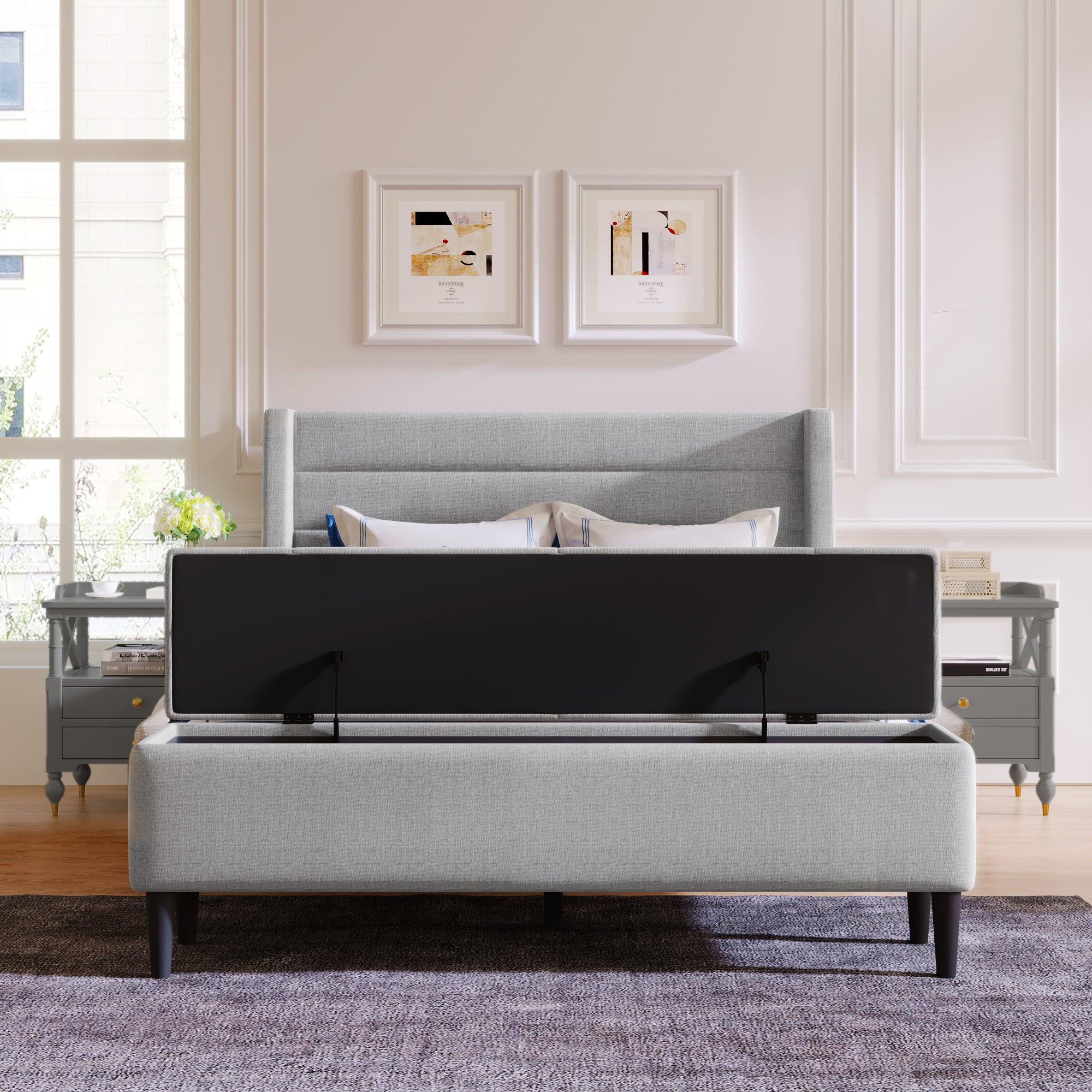 3 Pieces Gray Queen UpholsteredStorage Bed Frame withStorage Ottoman Bench and Two Nightstands