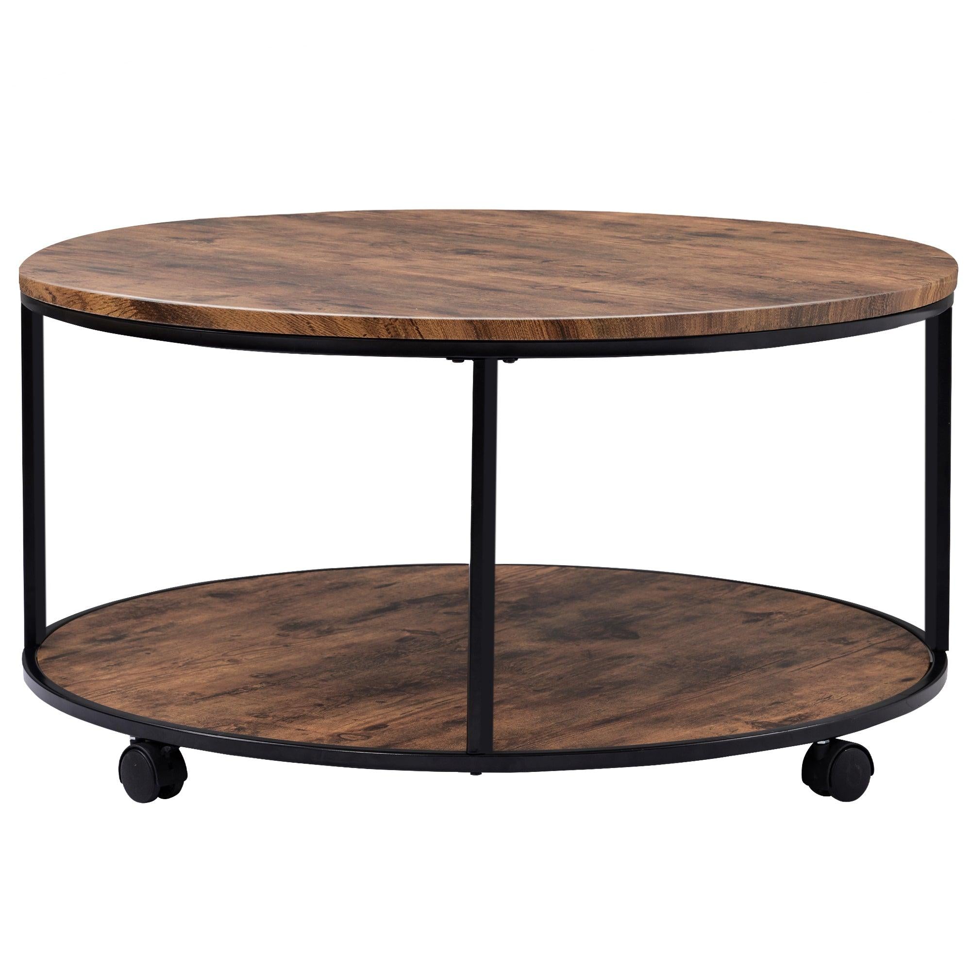 Round Coffee Table with Caster Wheels and Wood Textured Surface for Living Room, φ35.5”( Distressed Brown)