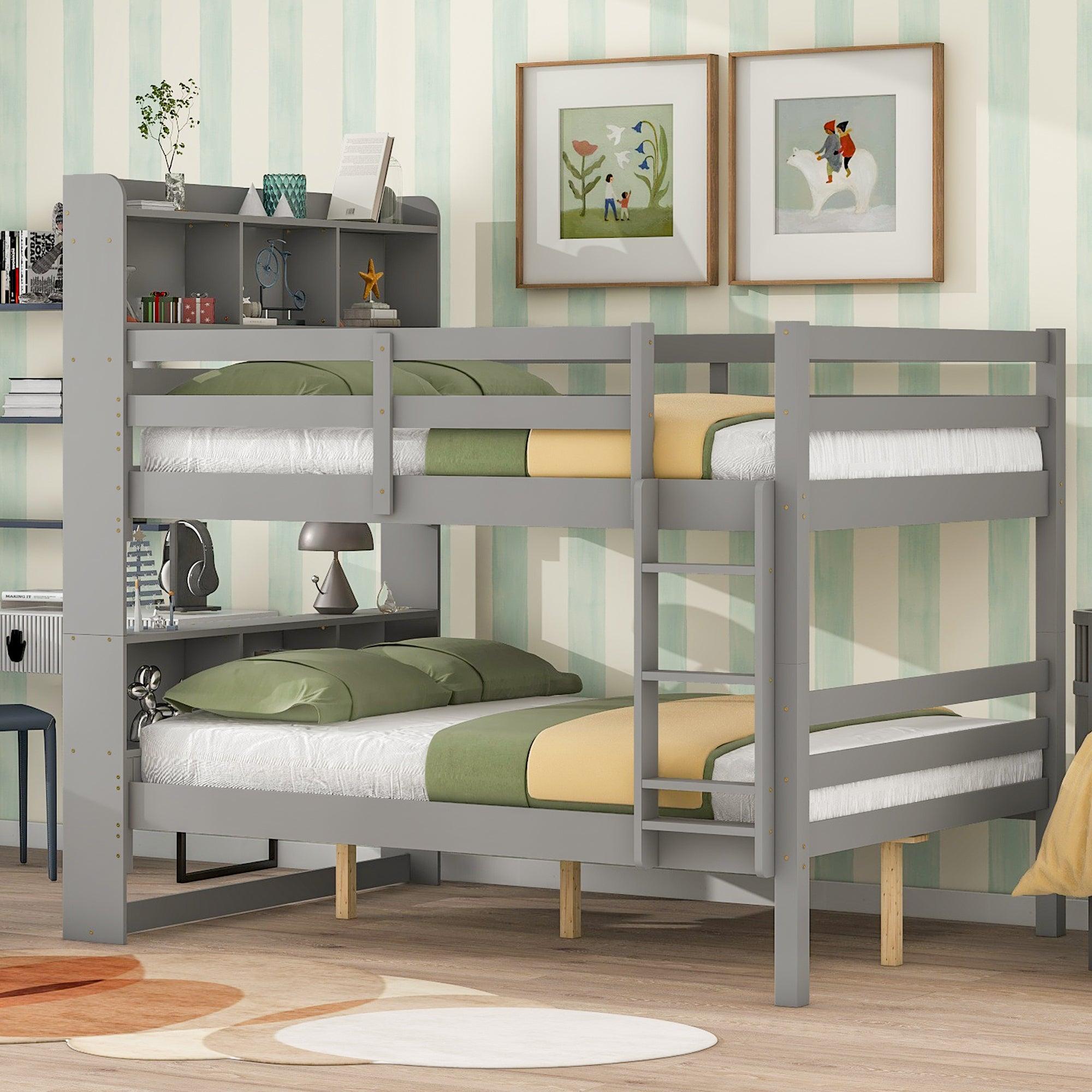 Full Over Full Bunk Beds with Bookcase Headboard, Solid Wood Bed Frame with Safety Rail and Ladder, Kids/Teens Bedroom, Guest Room Furniture, Can Be converted into 2 Beds, Grey image