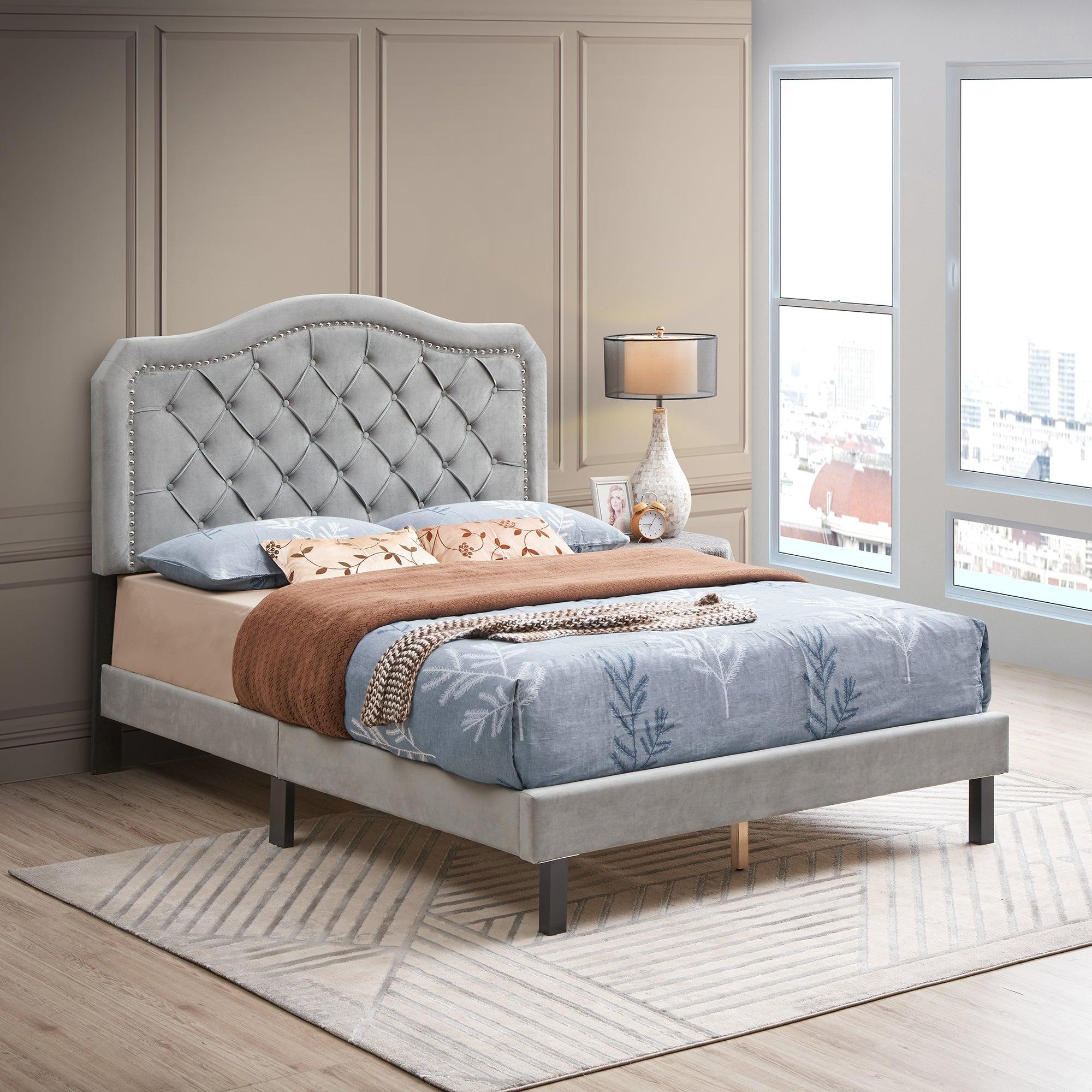 Upholstered Bed Button Tufted with Curve Design - Strong Wood Slat Support - Easy Assembly - Gray Velvet - platform bed - Queen image