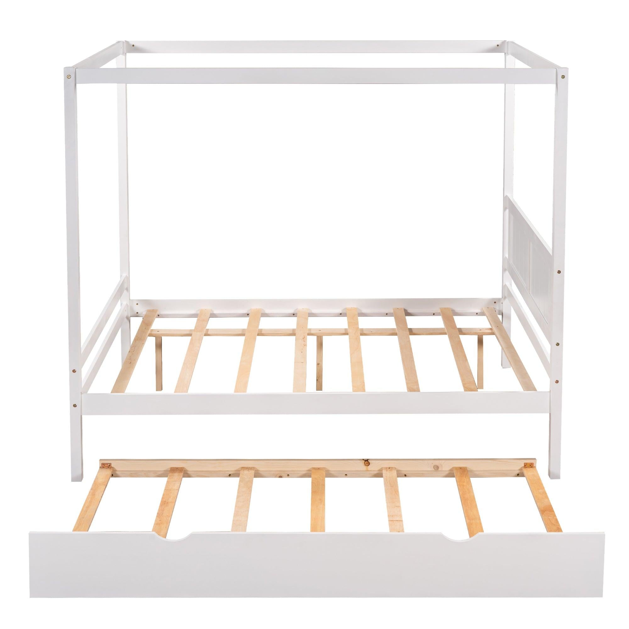 Full Size Canopy Platform Bed with Trundle,With Slat Support Leg,White