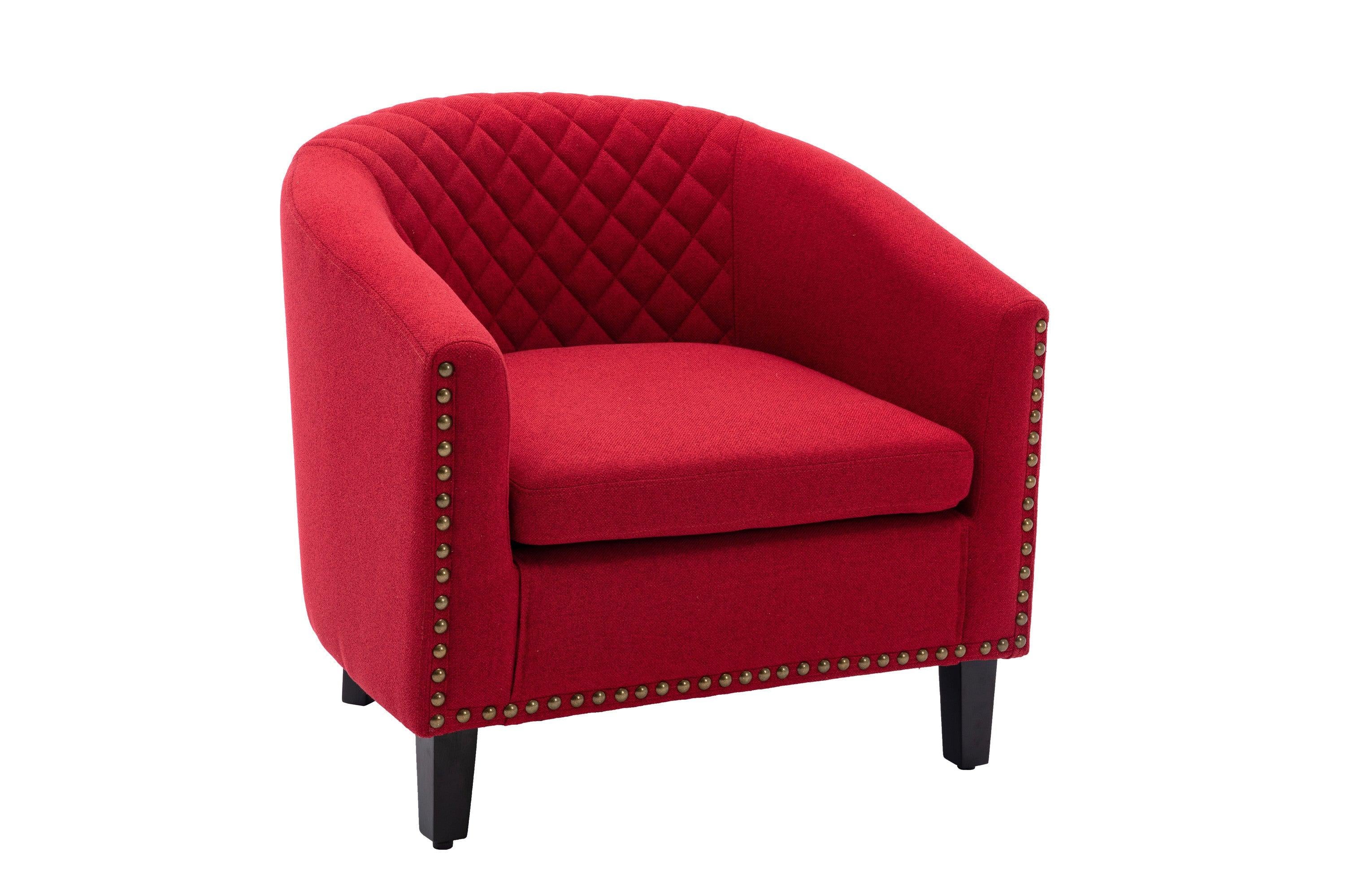 accent Barrel chair living room chair with nailheads and solid wood legs  Red  Linen