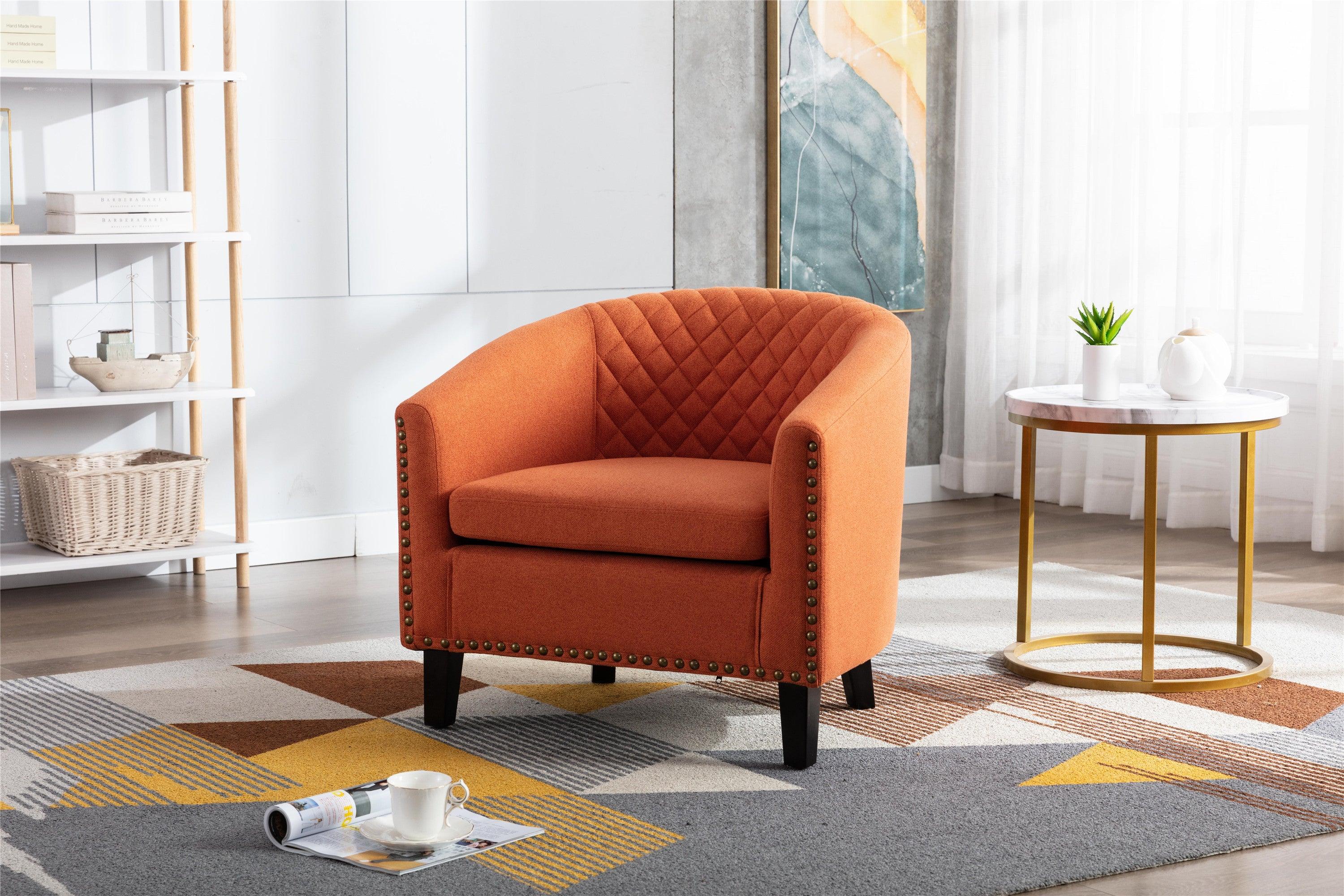 accent Barrel chair living room chair with nailheads and solid wood legs  Orange  linen