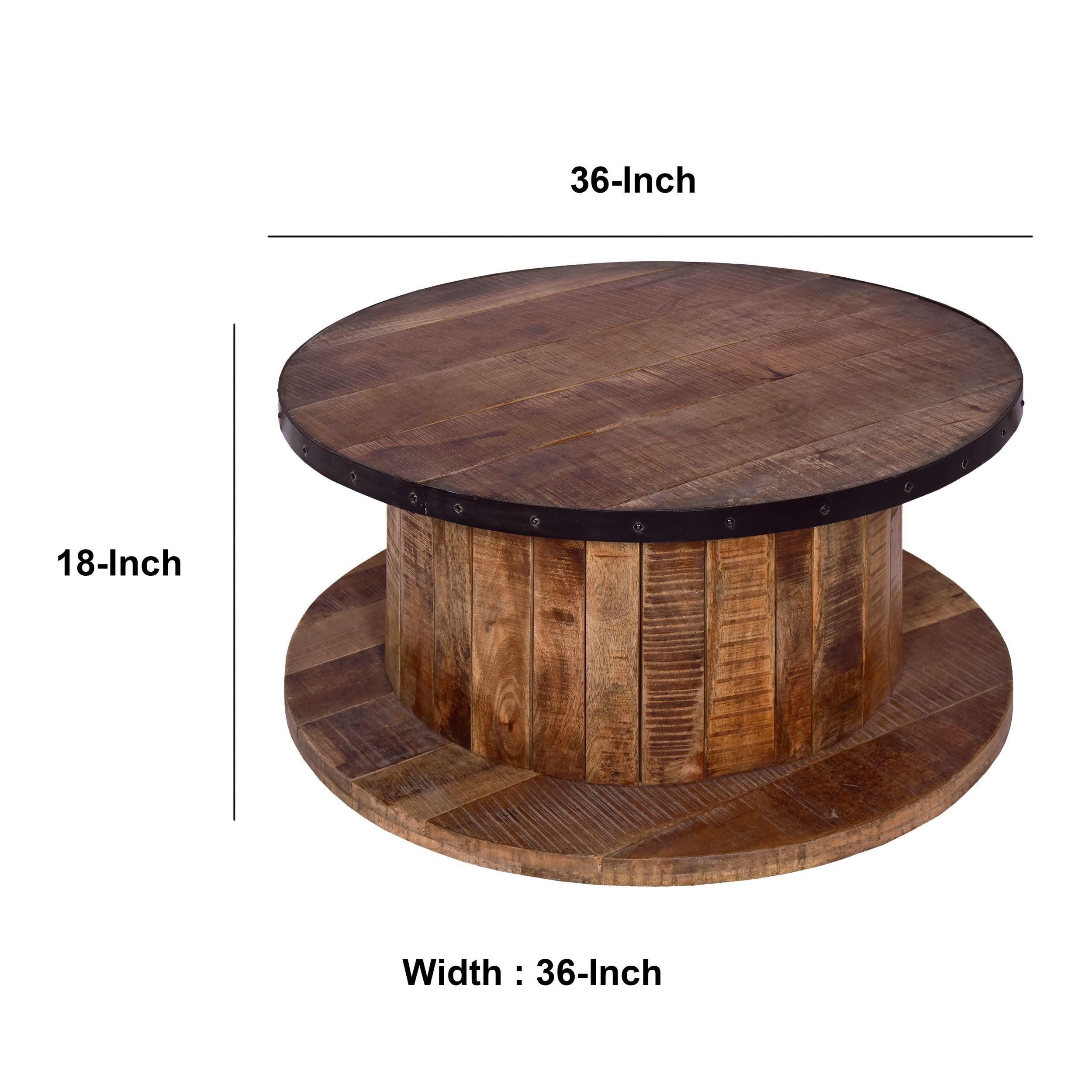 36 Inch ManWood Farmhouse Coffee Table with Rustic Plank Style Round Top and Base, Walnut and Natural Brown