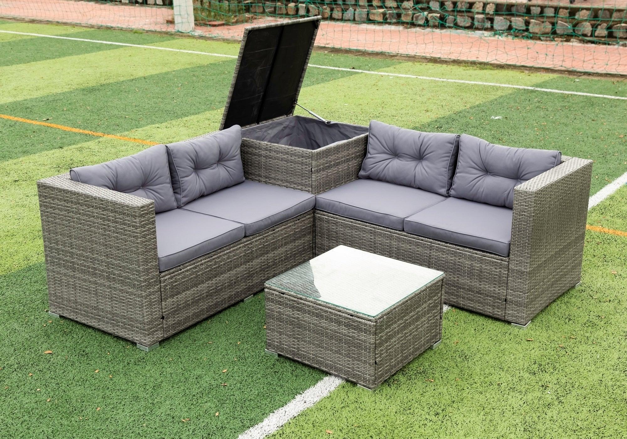 4 Piece Patio Sectional Wicker Rattan Outdoor Furniture Sofa Set withStorage Box Grey