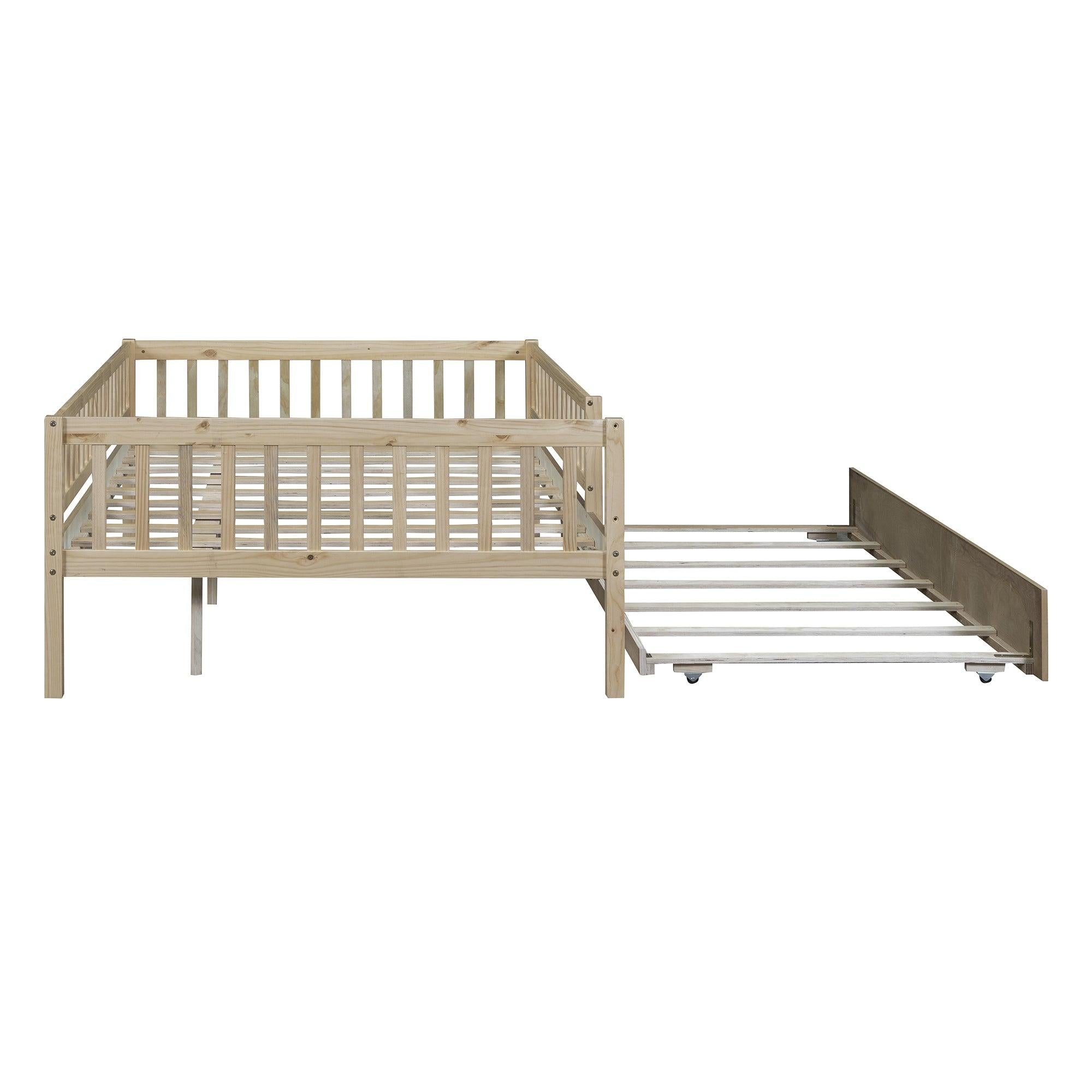 Full Size Wood Daybed with Trundle and Fence Guardrails, Natural