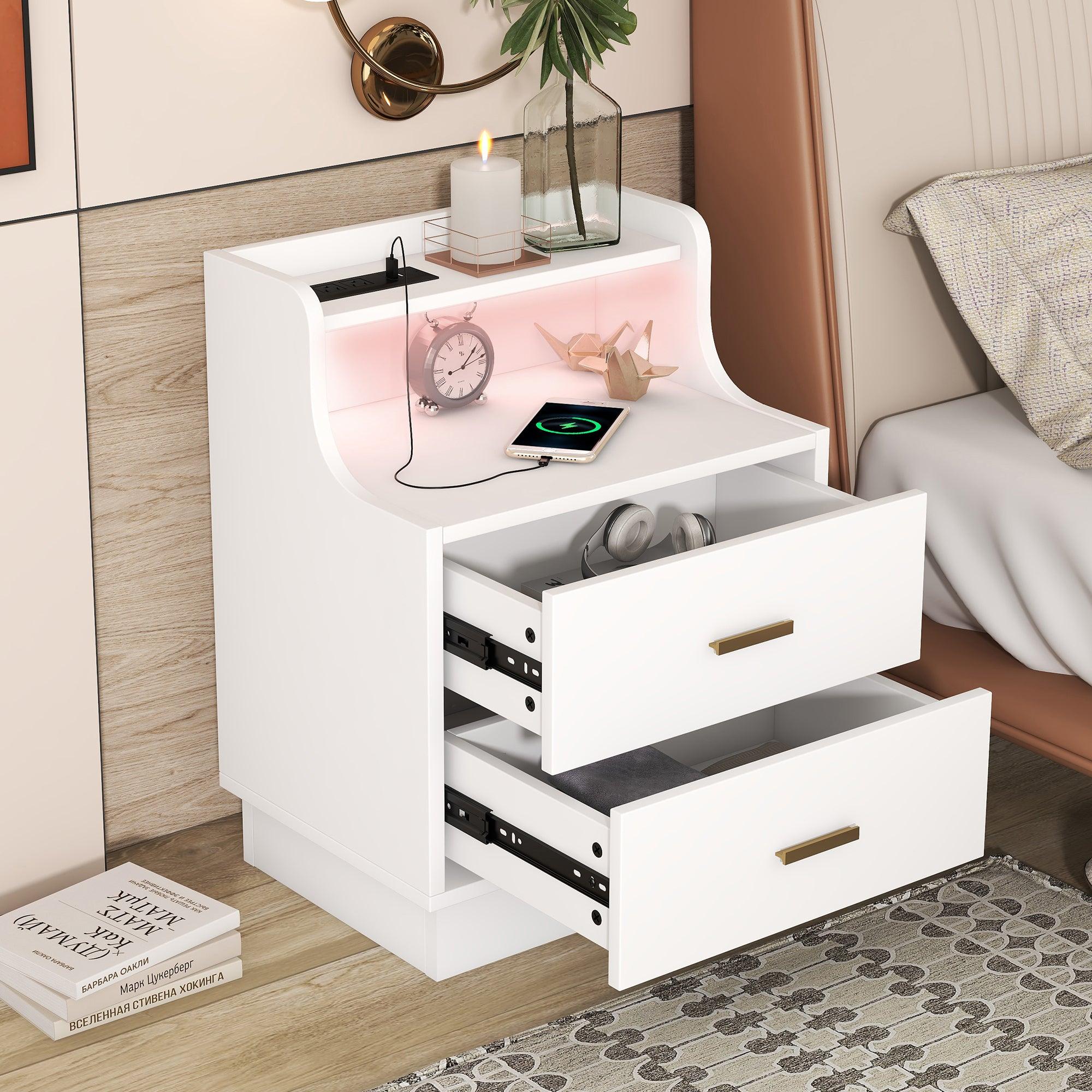 Multifunctional Nightstand with 2 Drawers, Shelf with USB Charging Design and Color-Changing LED, White