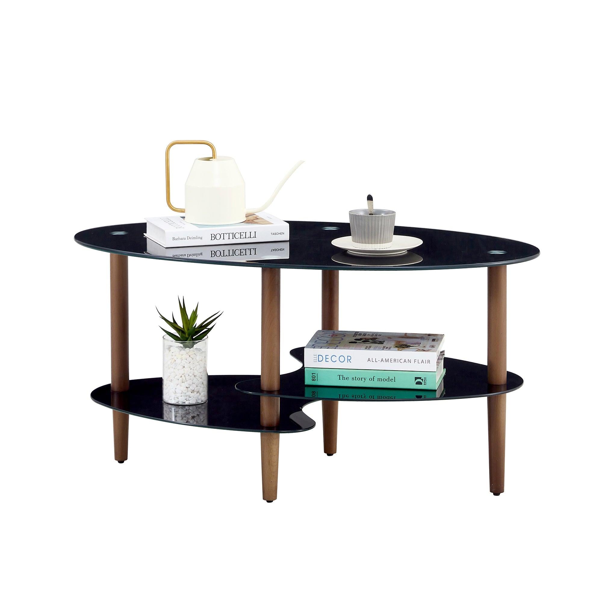 Black Oval glass coffee table,Modern table in living room Oak wood leg tea table 3-layer  glass table