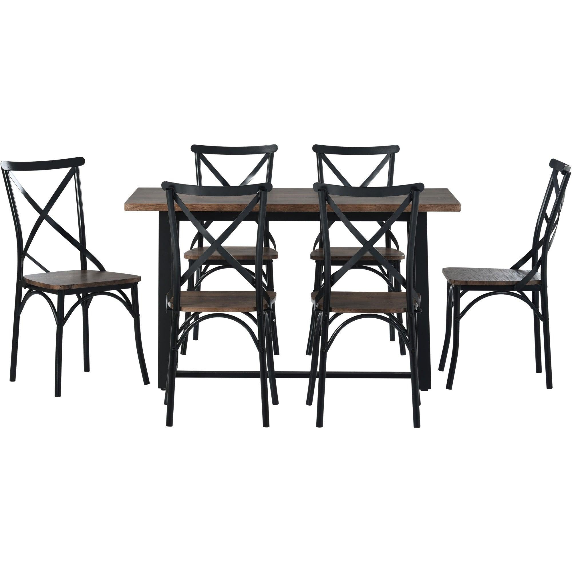 7 Piece Industrial Dining Table Set Rectangular Table with 6 Dining Chairs Kitchen Table Set with Metal Frame (Rustic Brown)