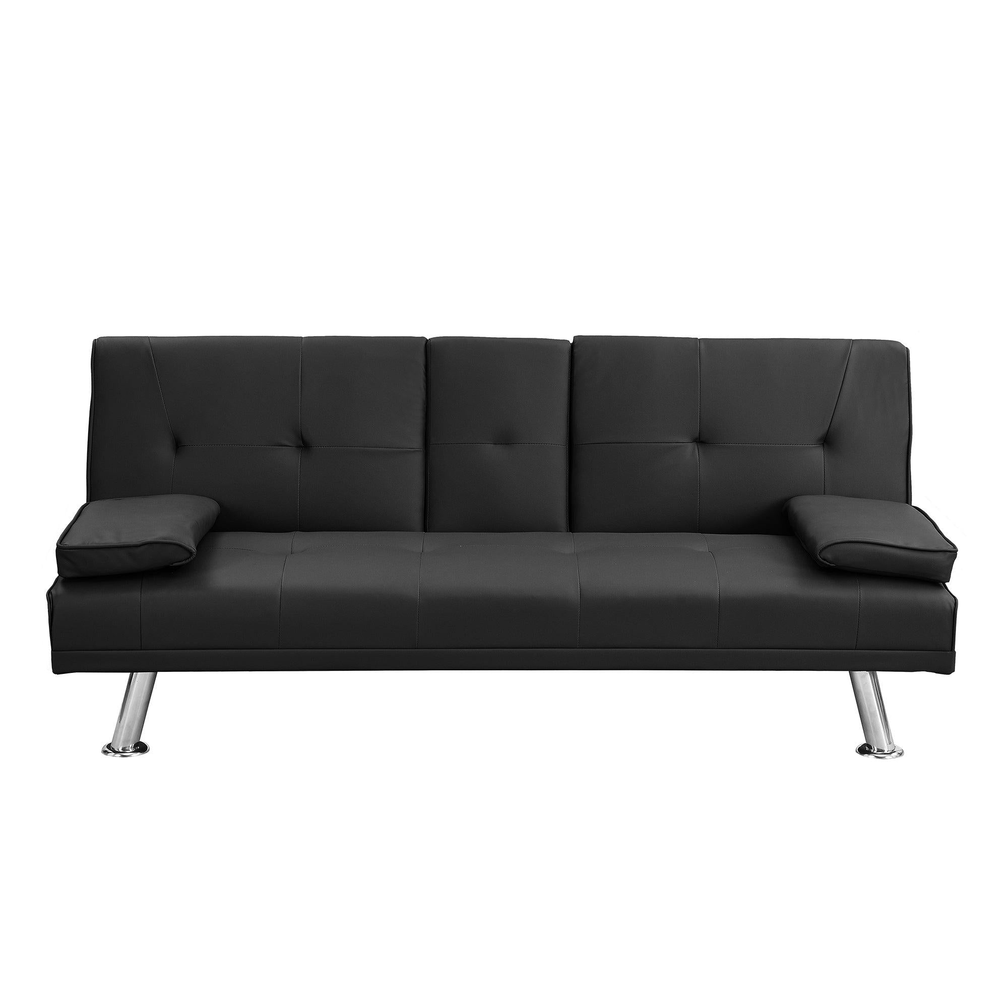 sofa bed with Armrest two holders  WOOD FRAME, STAINLESS LEG, FUTON BLACK  PVC