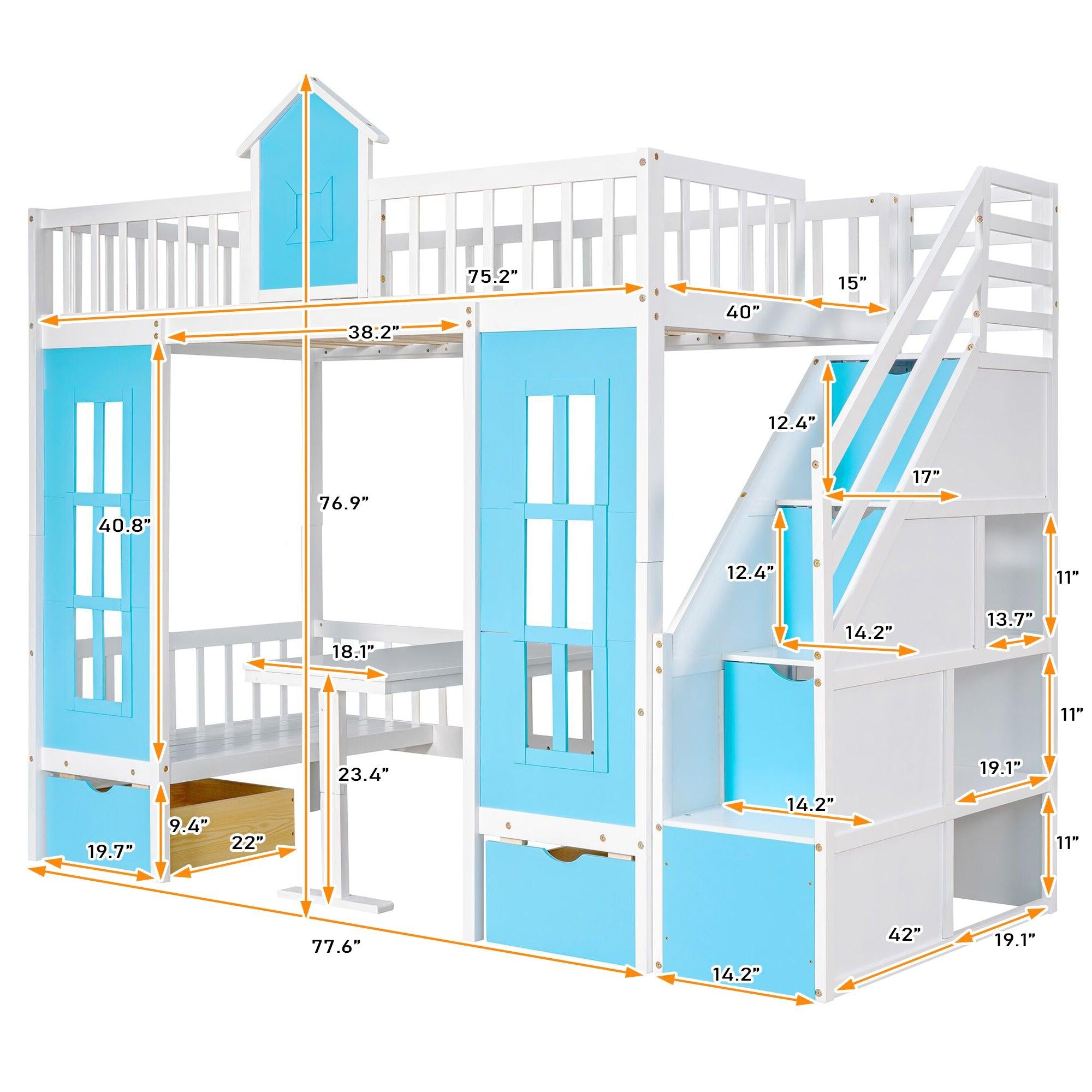 Twin-Over-Twin Bunk Bed with Changeable Table , Bunk Bed  Turn into Upper Bed and Down Desk with 2 Drawers - Blue