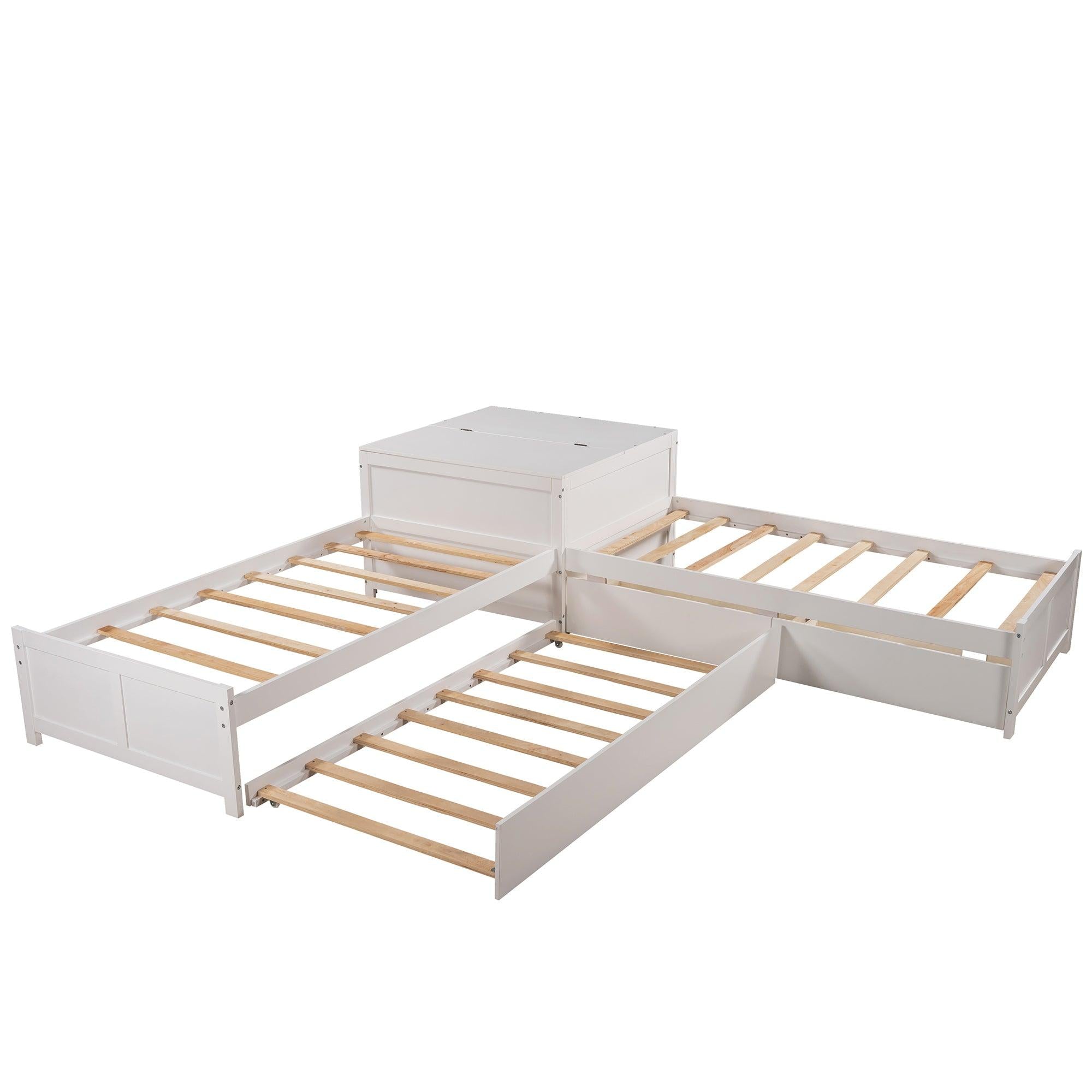 L-shaped Platform Bed with Trundle and Drawers Linked with built-in Flip Square Table,Twin,White