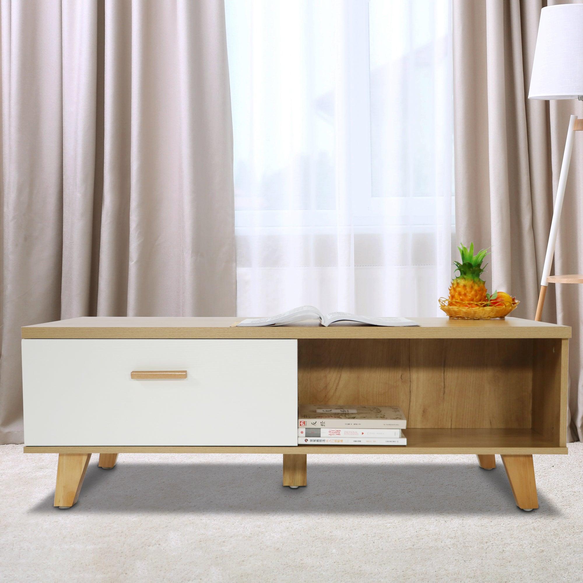 COFFEE TABLE，computer table, wood+white color, solid wood handles and legs, two drawers