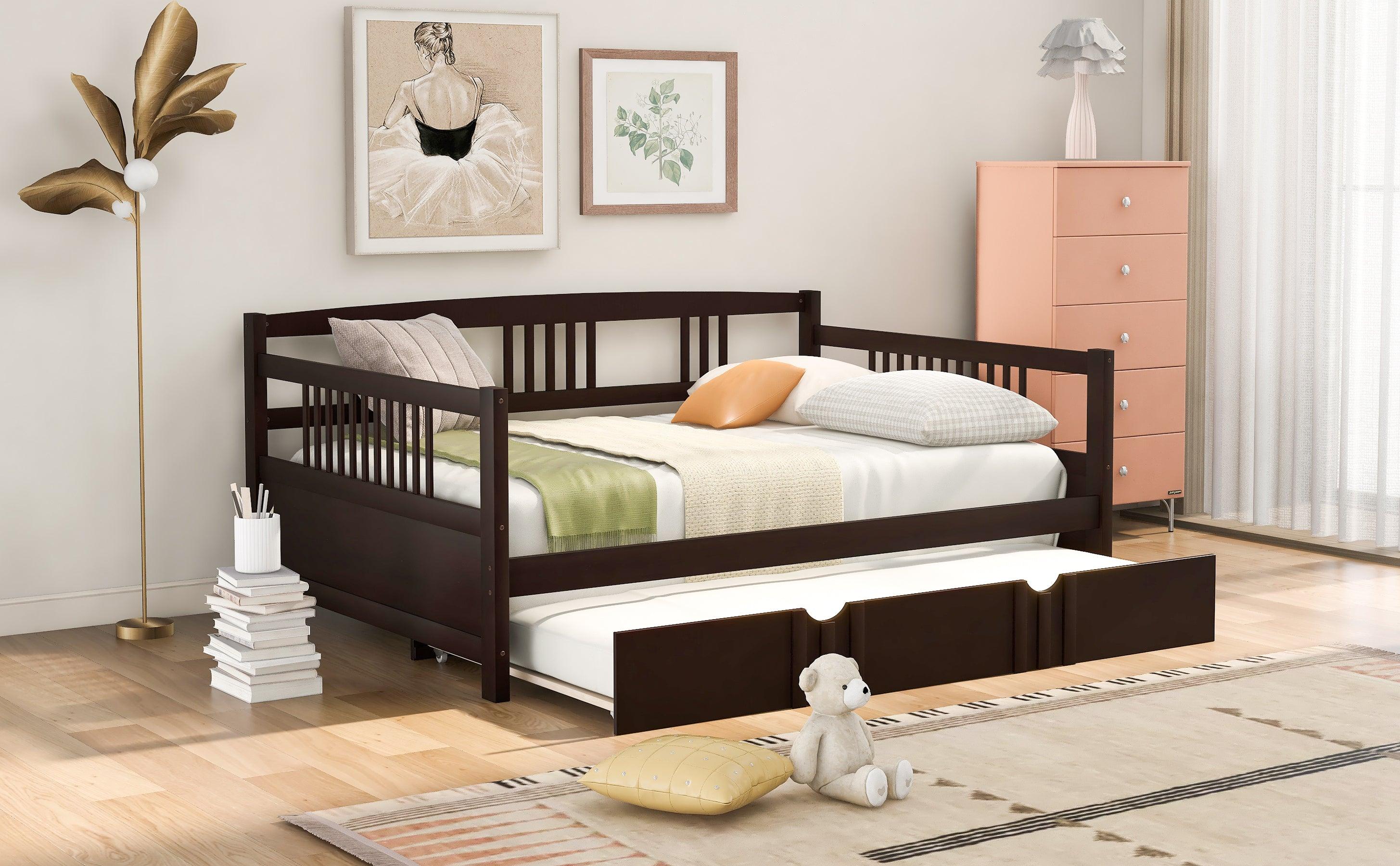 Full Size Daybed Wood Bed with Twin Size Trundle,Espresso