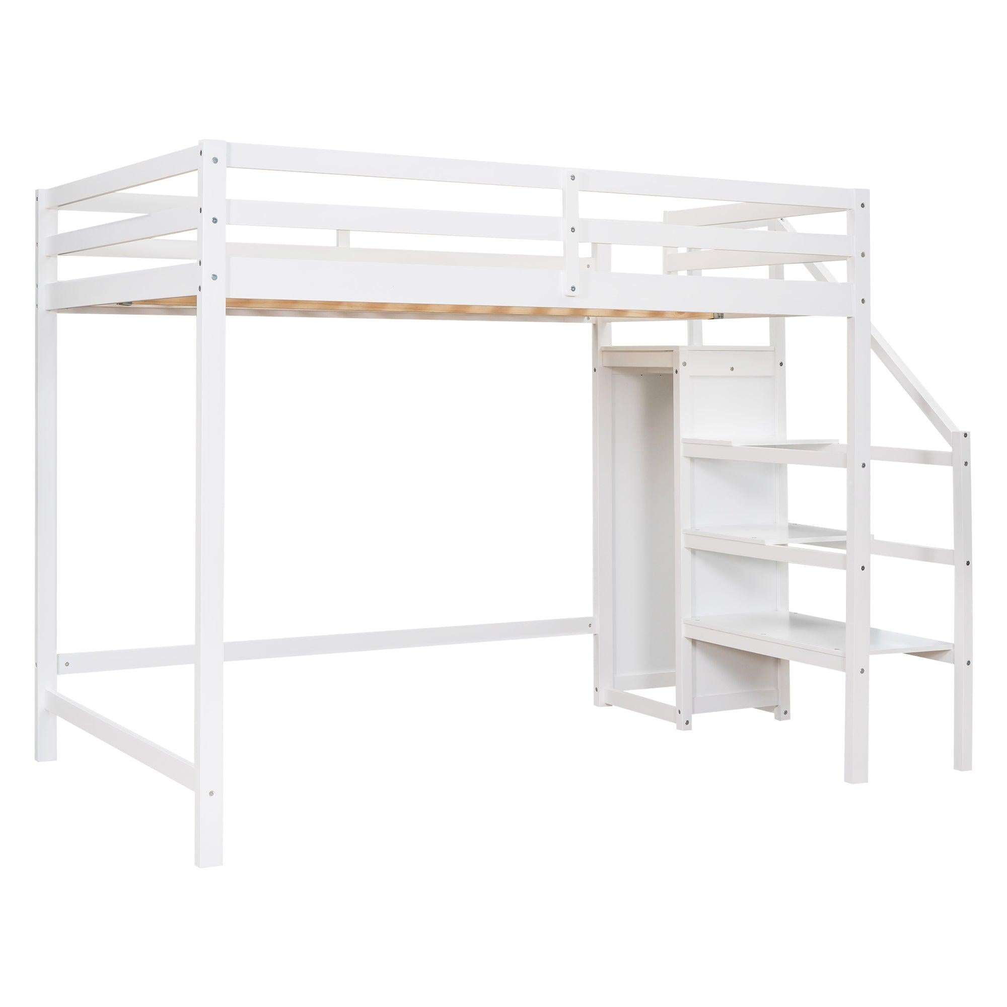 Full Size Loft Bed with Built-inStorage Wardrobe and Staircase,White