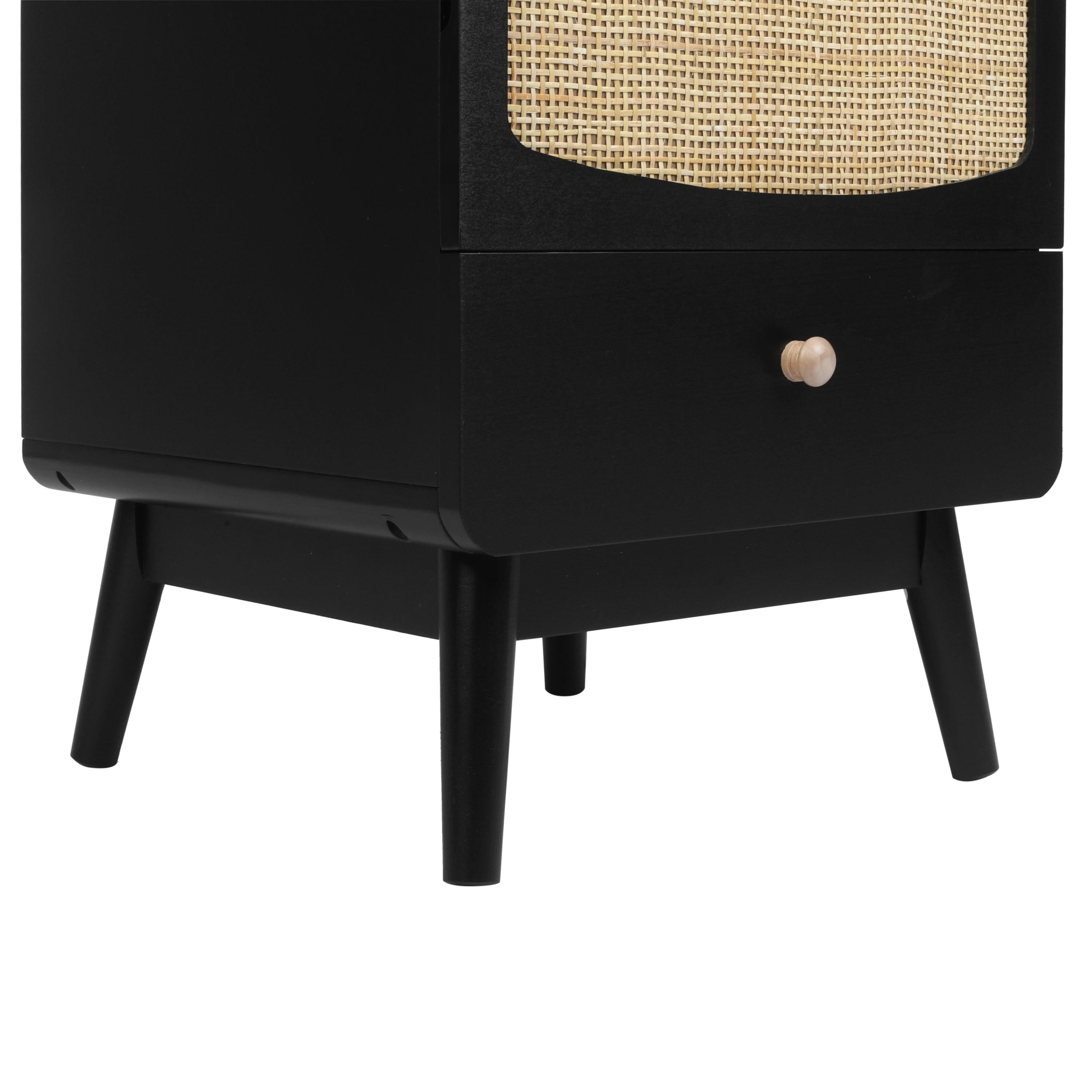 Black Nightstand,  Bedside Table withStorage Drawe/ Rattan Door