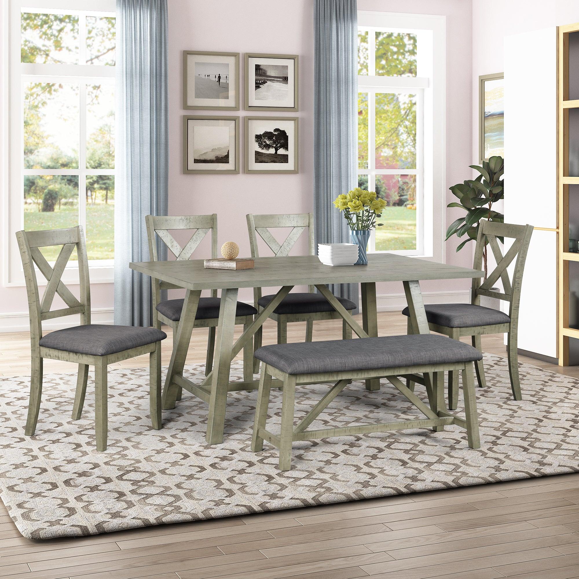 6 Piece Dining Table Set Wood Dining Table and chair Kitchen Table Set with Table, Bench and 4 Chairs, Rustic Style, Gray