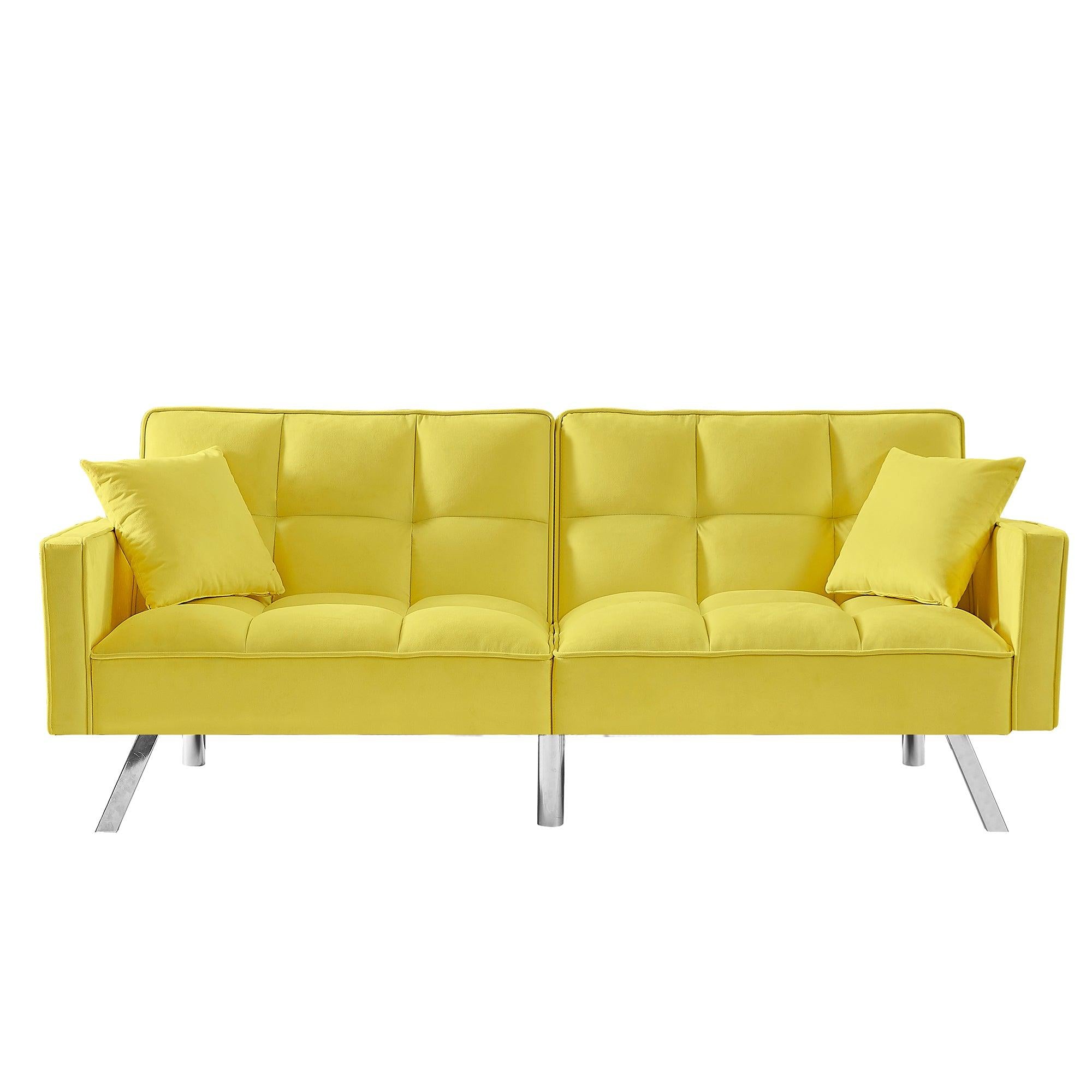 Modern Velvet Sofa Couch Bed with Armrests and 2 Pillows for Living Room and Bedroom .(YELLOW)