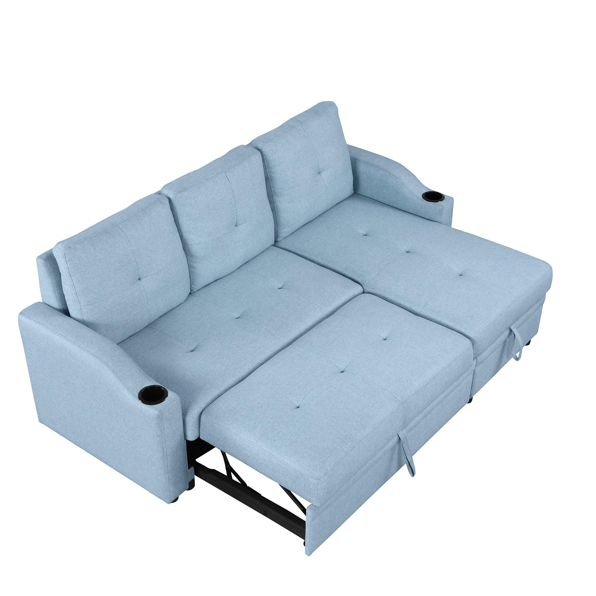 80.3"  Pull Out Sofa BedModern Padded Upholstered Sofa Bed , Linen Fabric 3 Seater Couch withStorage Chaise and Cup Holder , Small Couch for Small Spaces