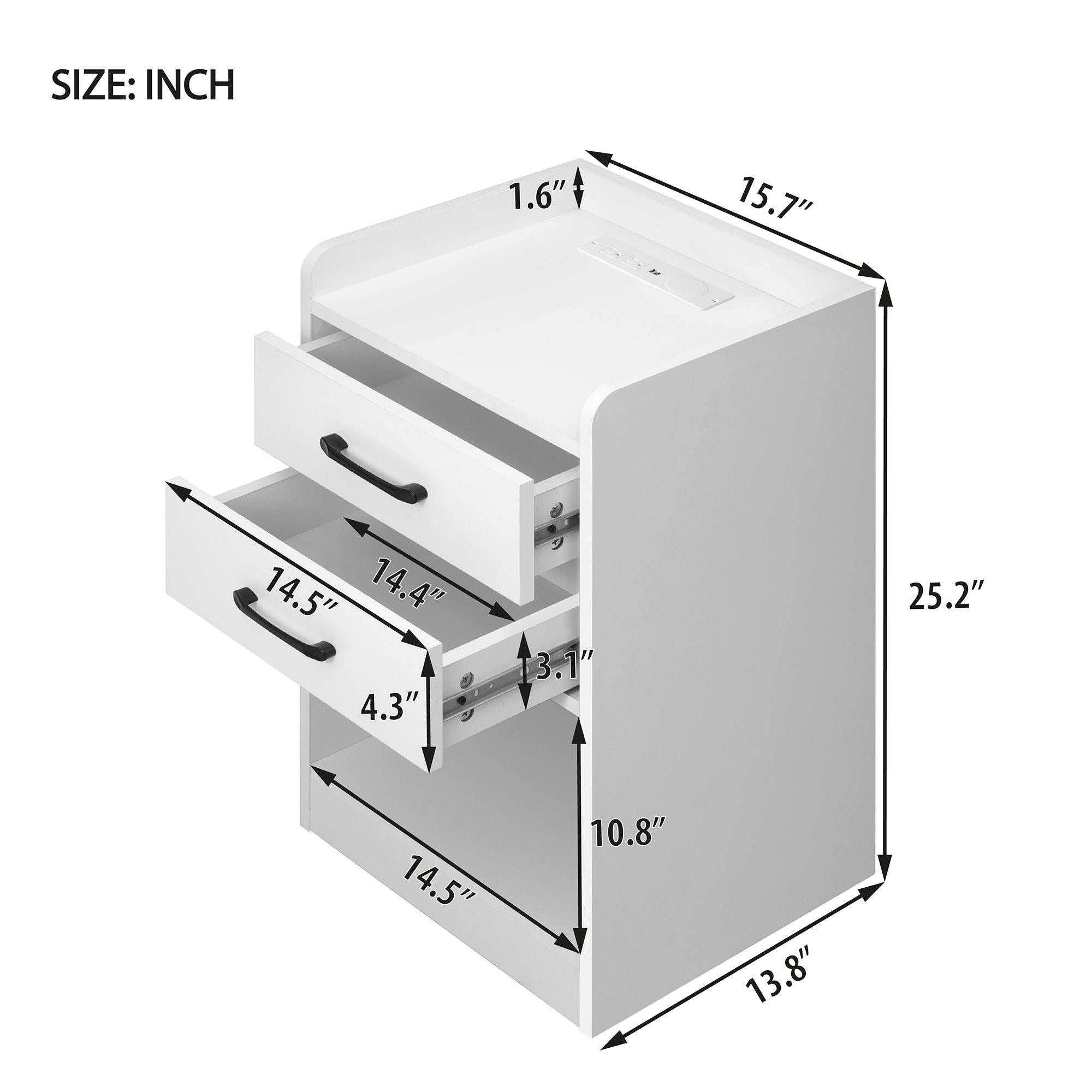 Nightstand with 2 Drawers and Cabinet,USB Charging Ports,Wireless Charging and Remote Control LED Light-White