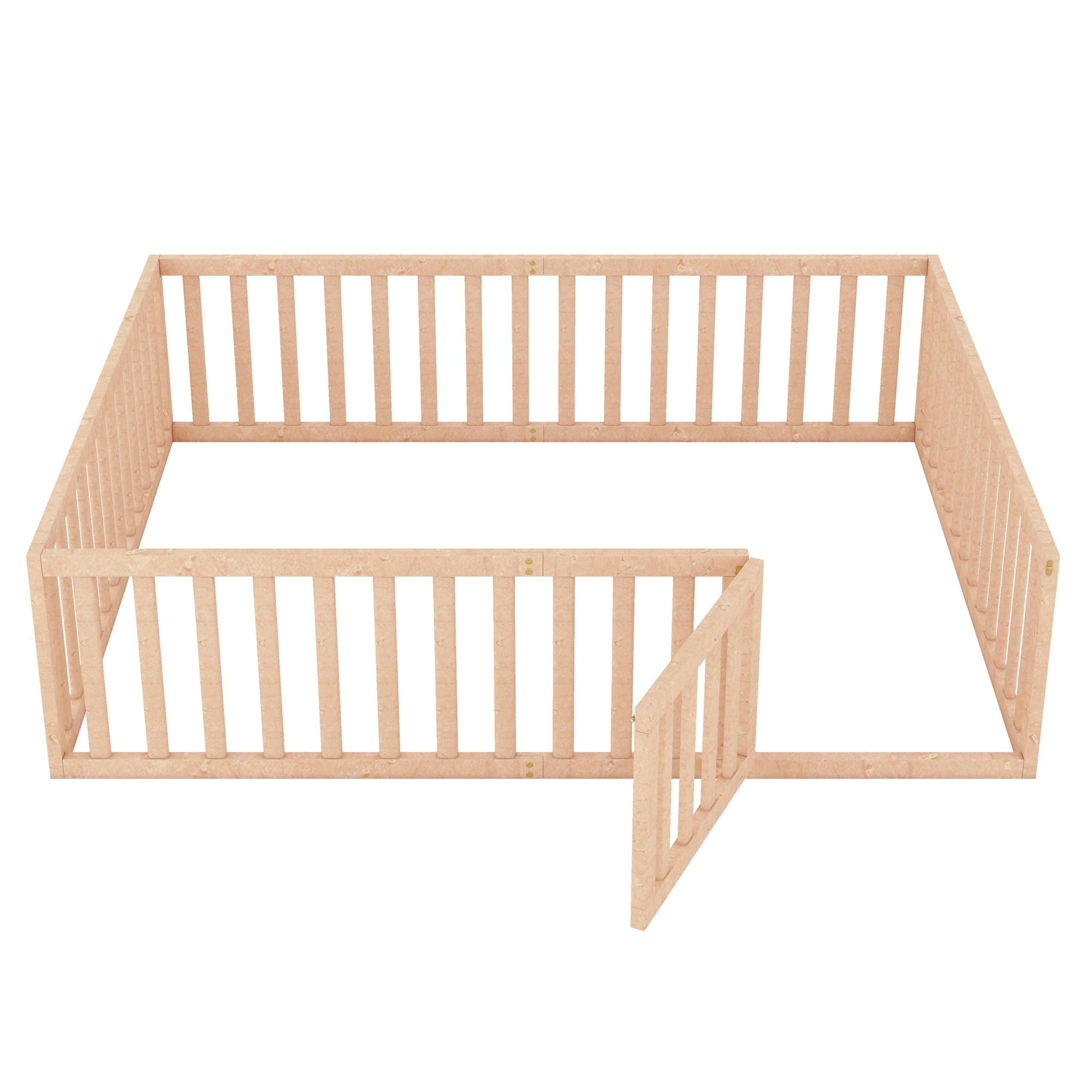 Queen Size Wood Floor Bed Frame with Fence and Door, Natural