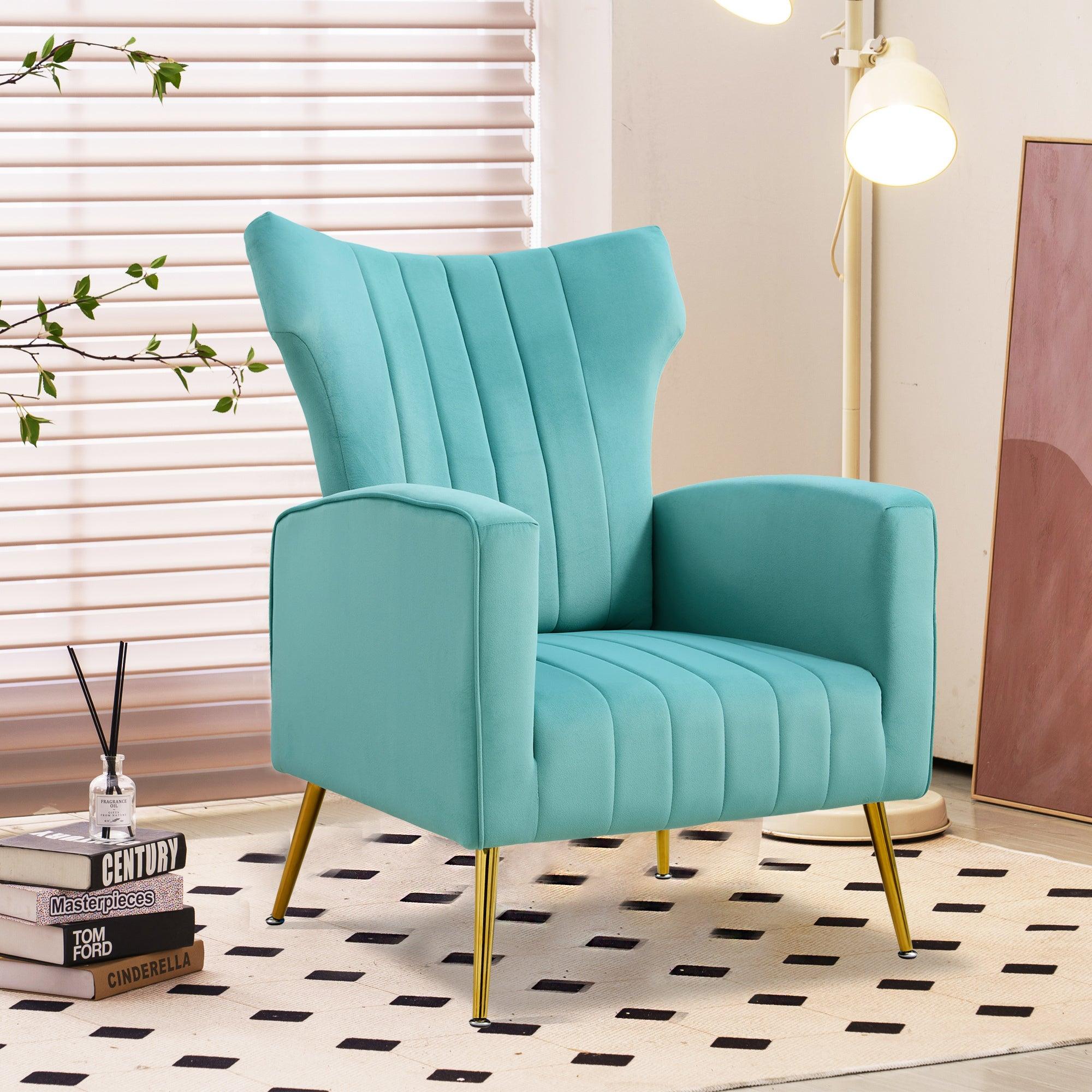 Modern Velvet Accent Chair with Arms, Wingback Reading Chair with Gold Metal Legs, Comfy Upholstered Single Leisure Sofa for Living Room Bedroom Club(Velvet+Blue)