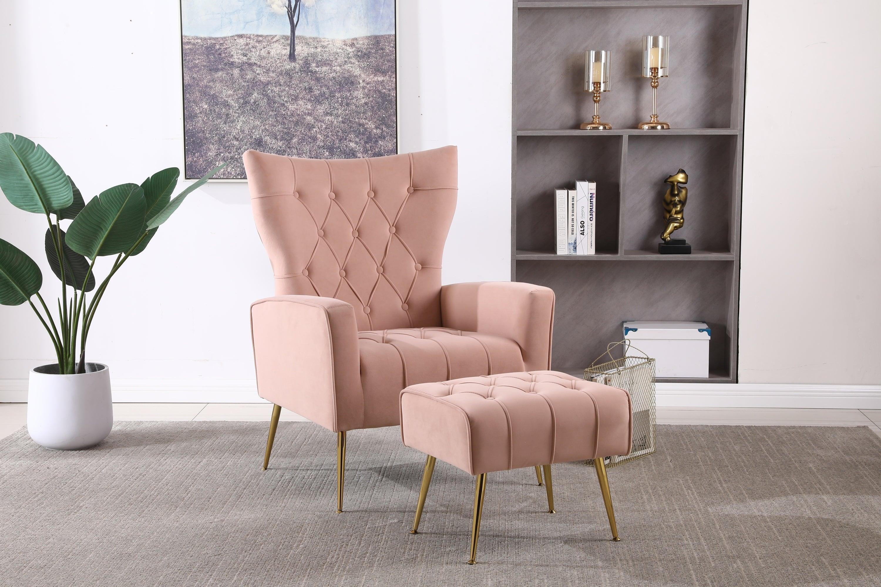 Modern Accent Chair with Ottoman,  Comfy  Armchair for Living Room, Bedroom, Apartment, Office (Pink) image