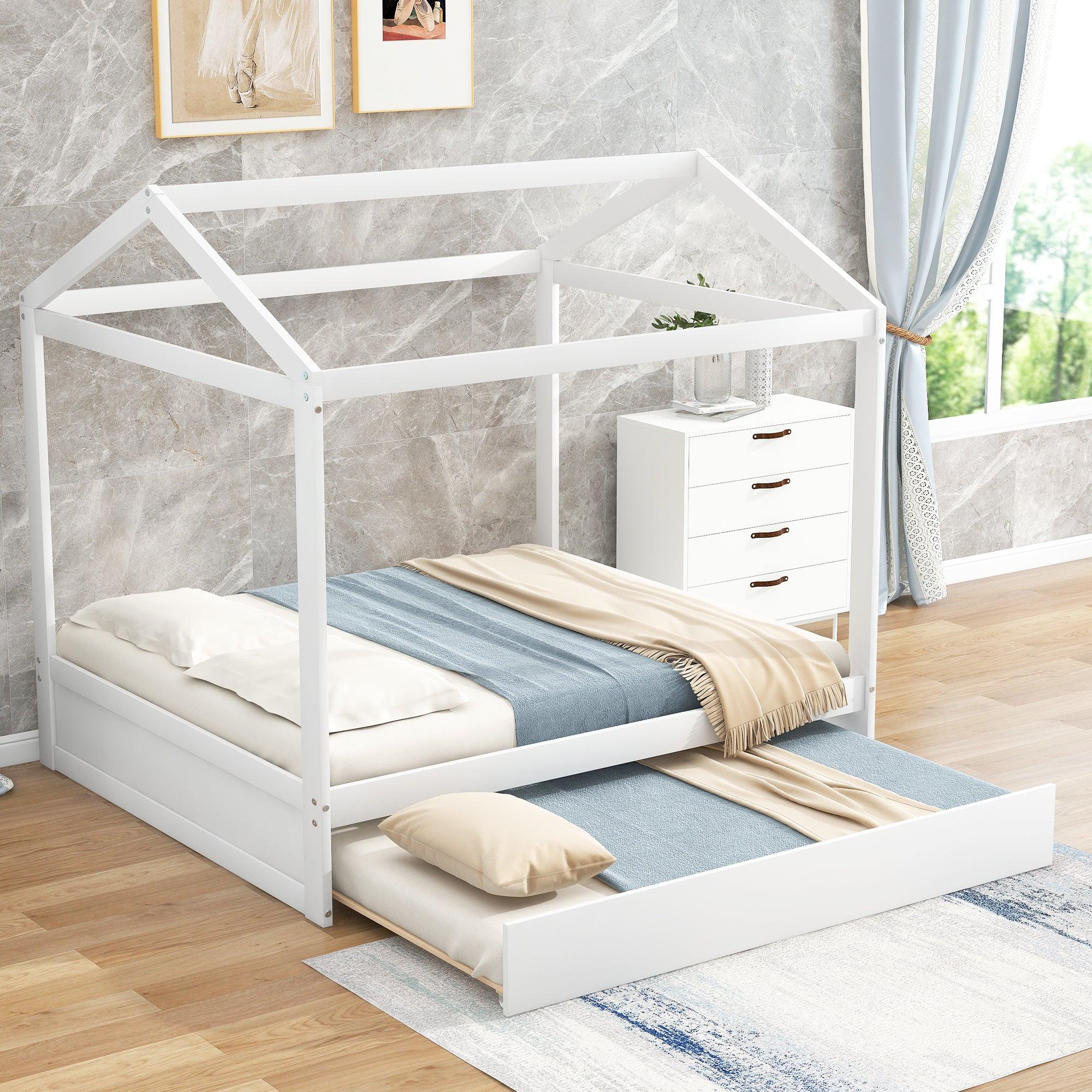 Full Size House Bed with Trundle,Support Legs,White image