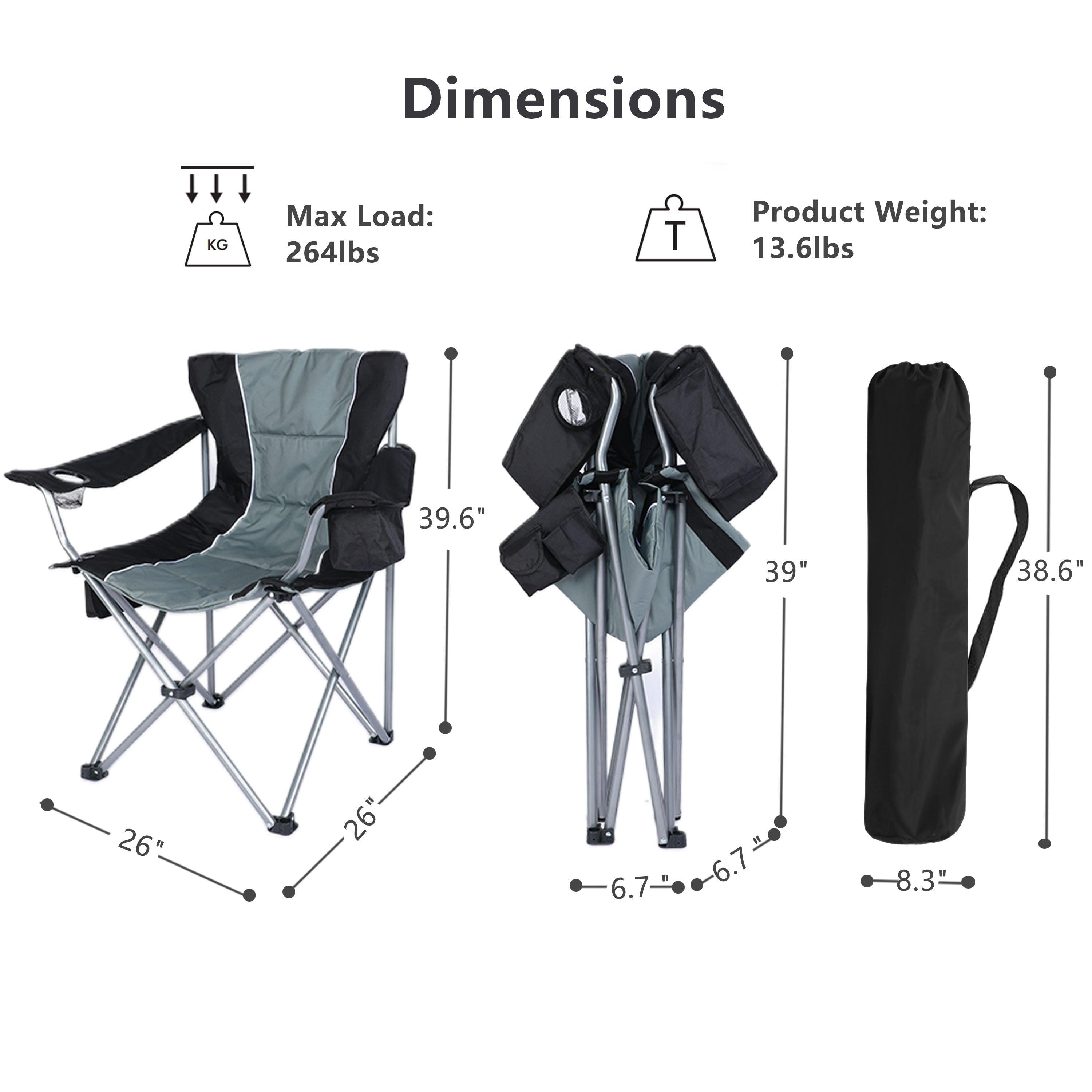 Oversized Camping Folding Chair with Cup Holder, Side Cooler Bag, Heavy Duty Steel Frame Fully P Added Quad Armchair for Outdoors, 1-Pack, Grey