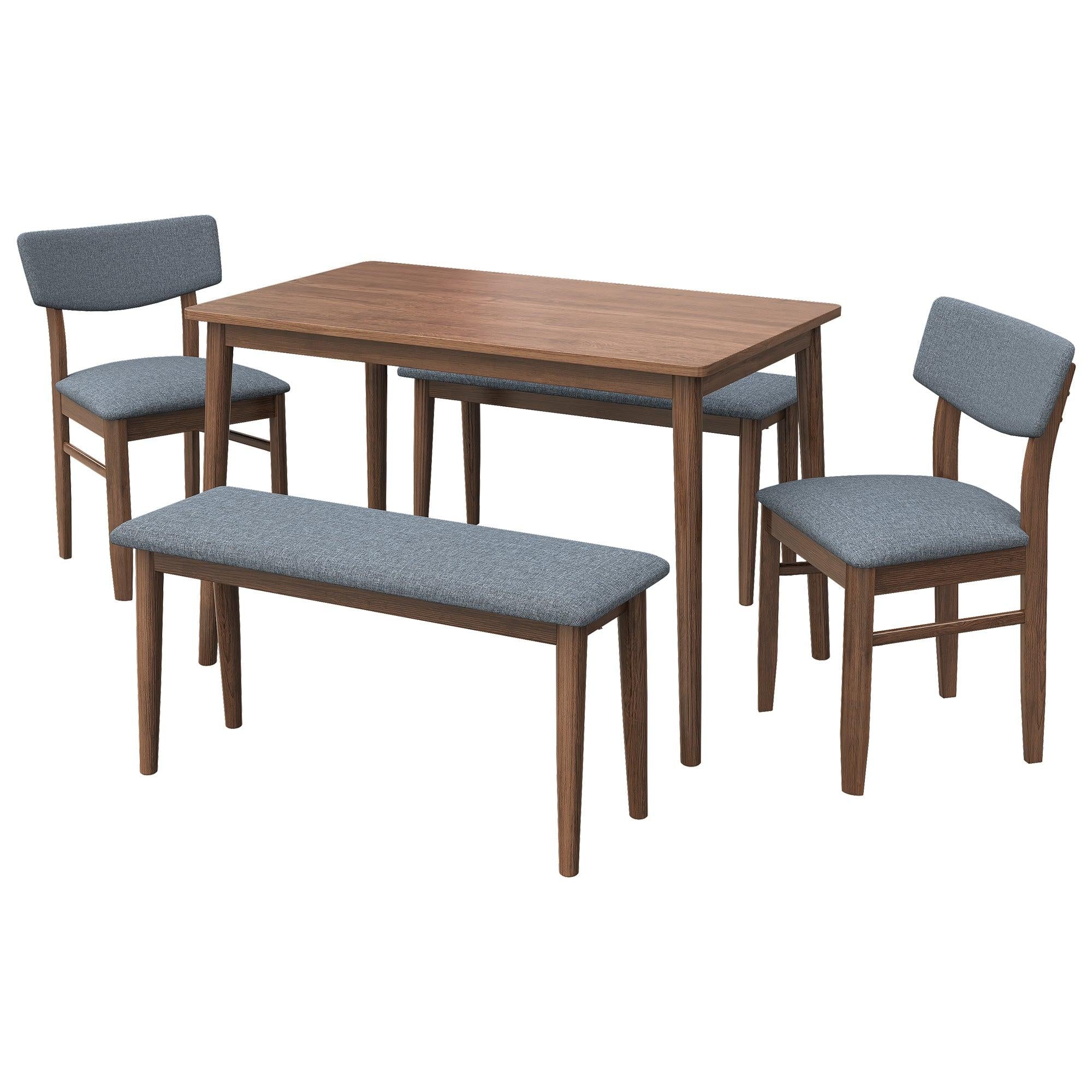 Modern Dining Table Set with 2 Benches and 2 Chairs Fabric Cushion for 6 All Rubber wood Kitchen Dining Table for Dining Room Small Space Grey