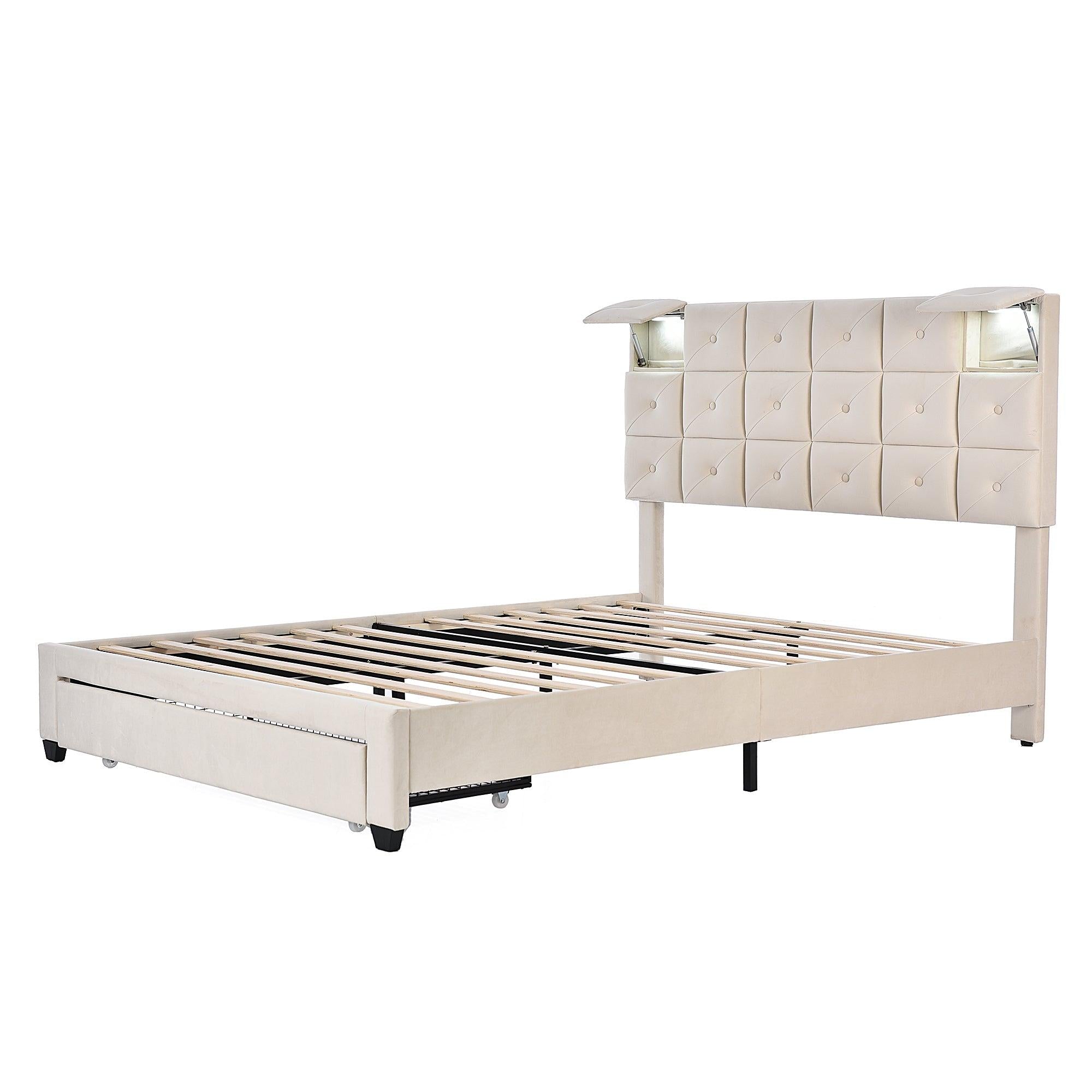 UpholsteredStorage Bed with Two Wireless Chargers and Motion Activated Night Light,Queen Size Velvet Platform Bed with a Big Drawer,Beige