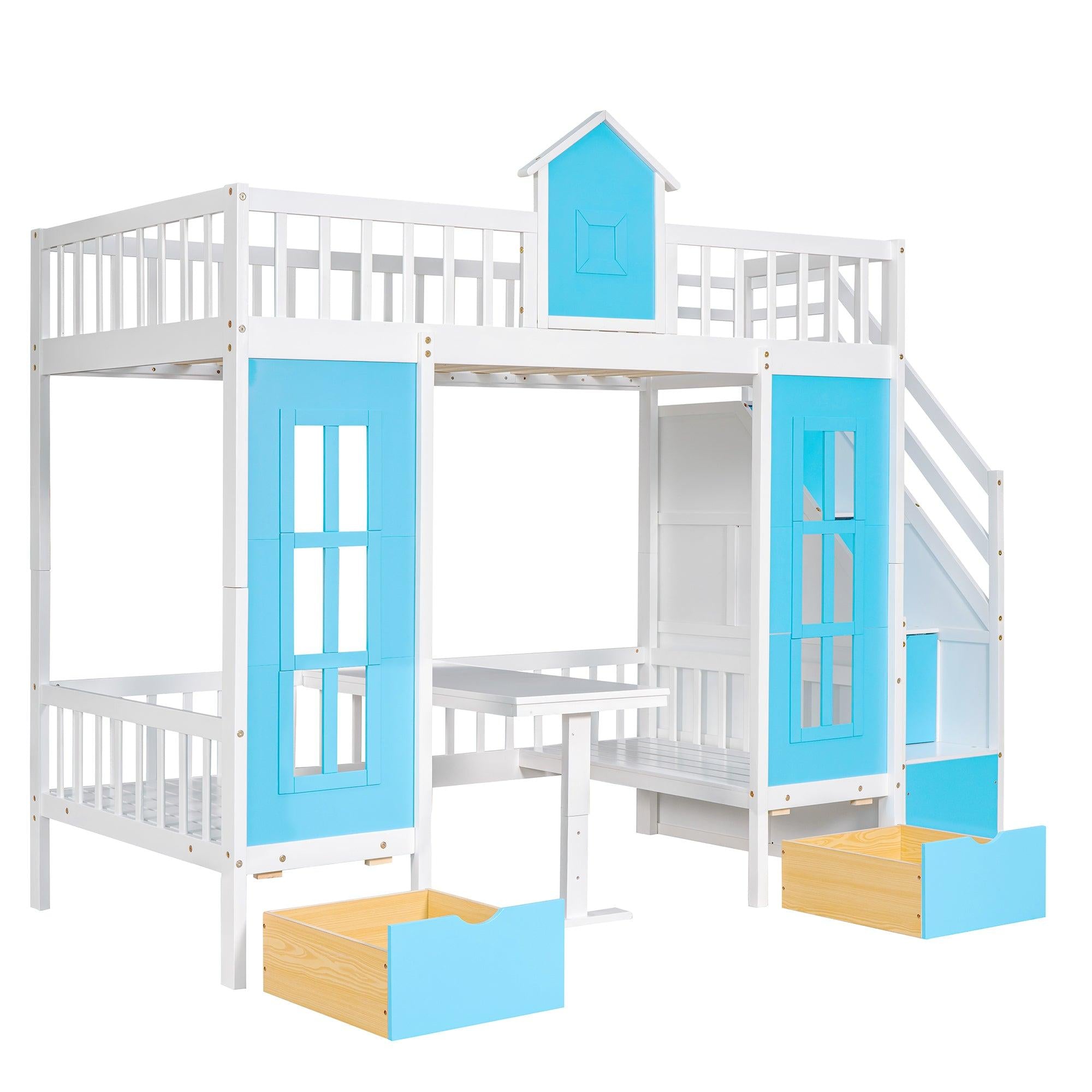 Twin-Over-Twin Bunk Bed with Changeable Table , Bunk Bed  Turn into Upper Bed and Down Desk with 2 Drawers - Blue