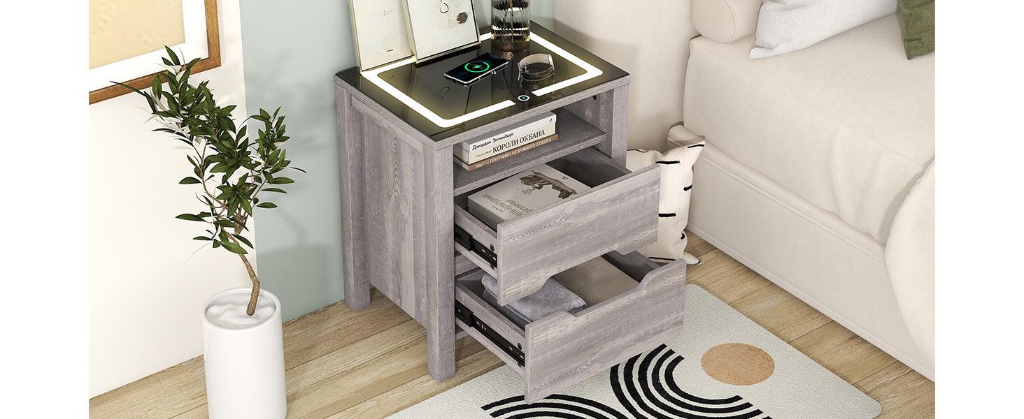 MultifunctionalStorage Nightstand with 2 Drawers and an open shelf, Wireless Charging with adjustable LED, Brown