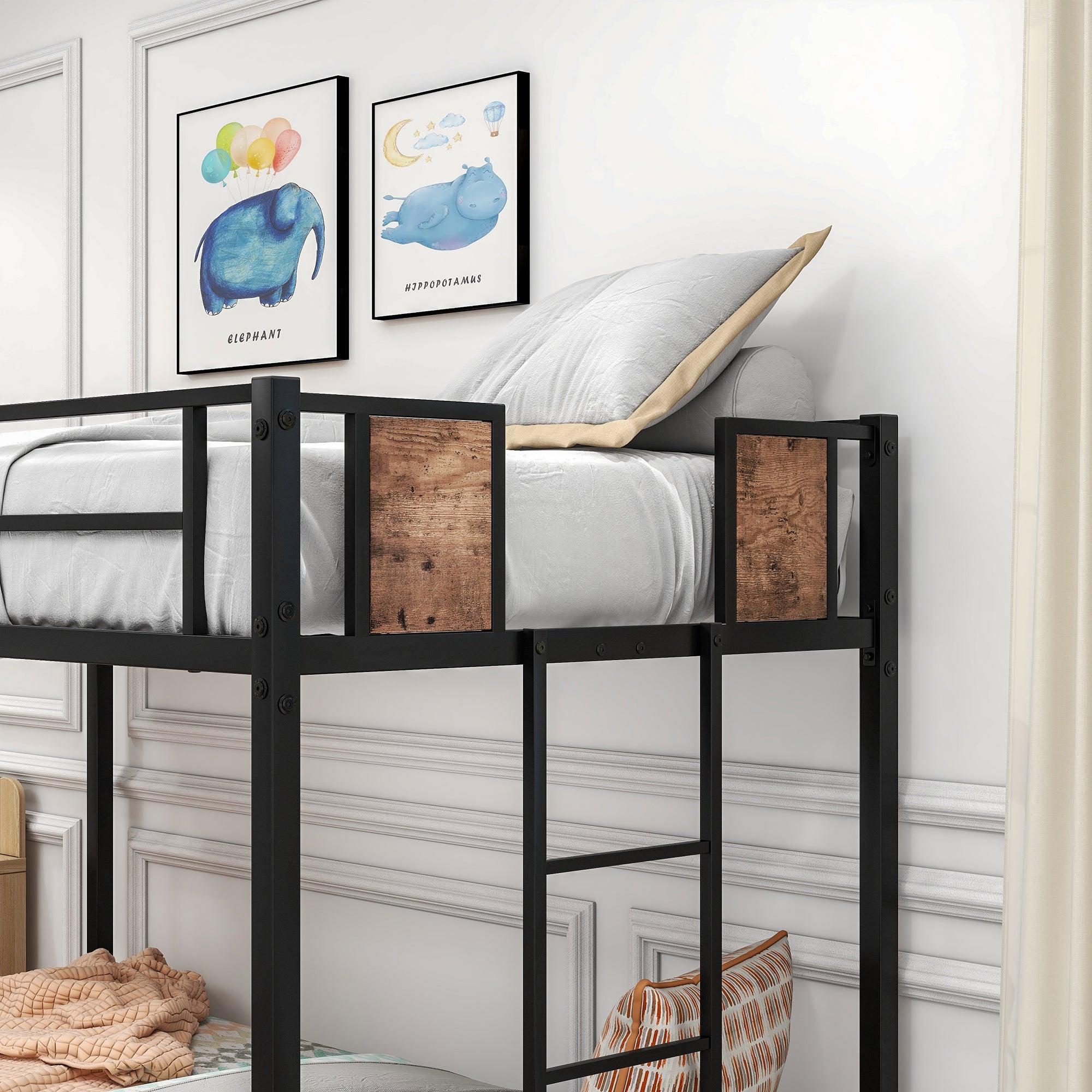 Bunk Bed Twin Over Twin Size Metal Bunk Bed with Ladder and Full-Length Guardrail, Metal Bunk Bed,Storage Space, No Box Spring Needed, Noise Free, Black