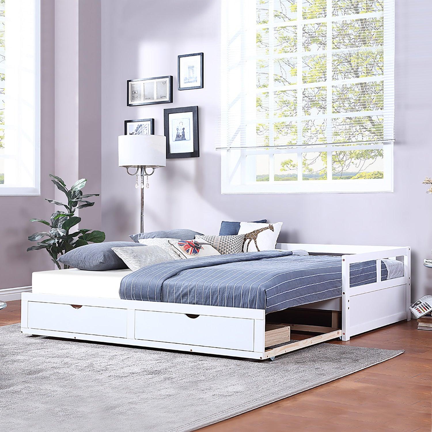 Wooden Daybed with Trundle Bed and TwoStorage Drawers , Extendable Bed Daybed,Sofa Bed for Bedroom Living Room,White