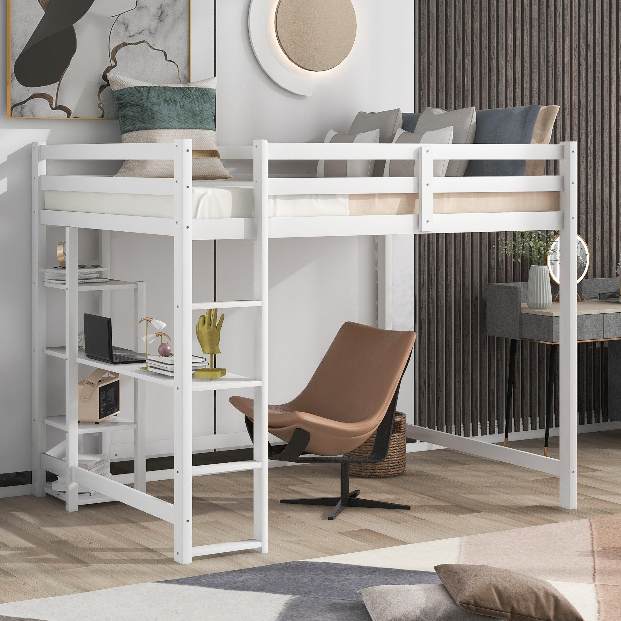 Full Size Loft Bed with Built-in Desk and Shelves,White image