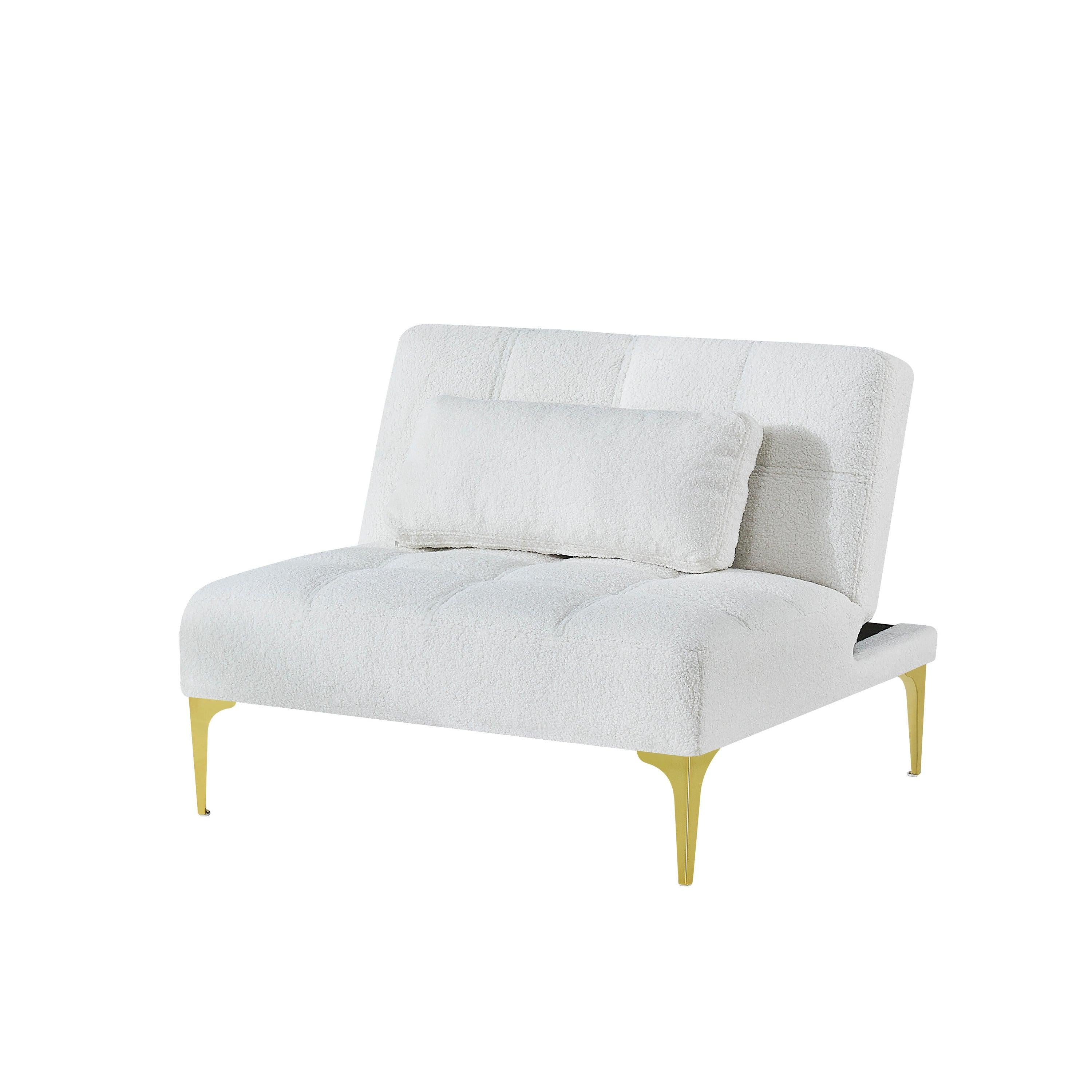 Convertible sofa bed futon with gold metal legs teddy fabric (White)