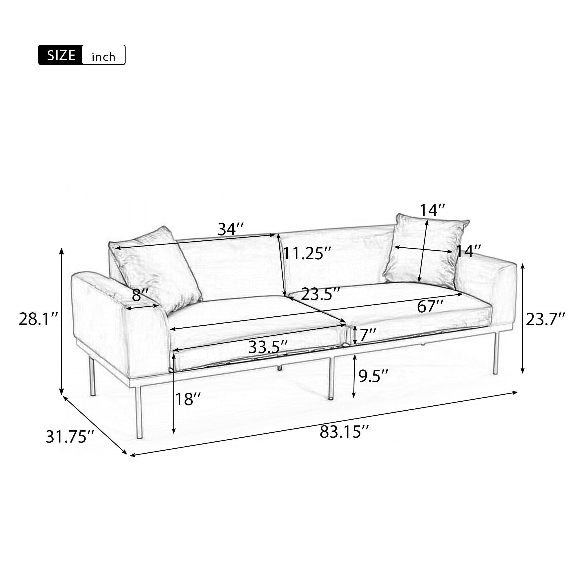 Modern Velvet Sofa with Metal Legs,Loveseat Sofa Couch with Two Pillows for Living Room and Bedroom, Mustard