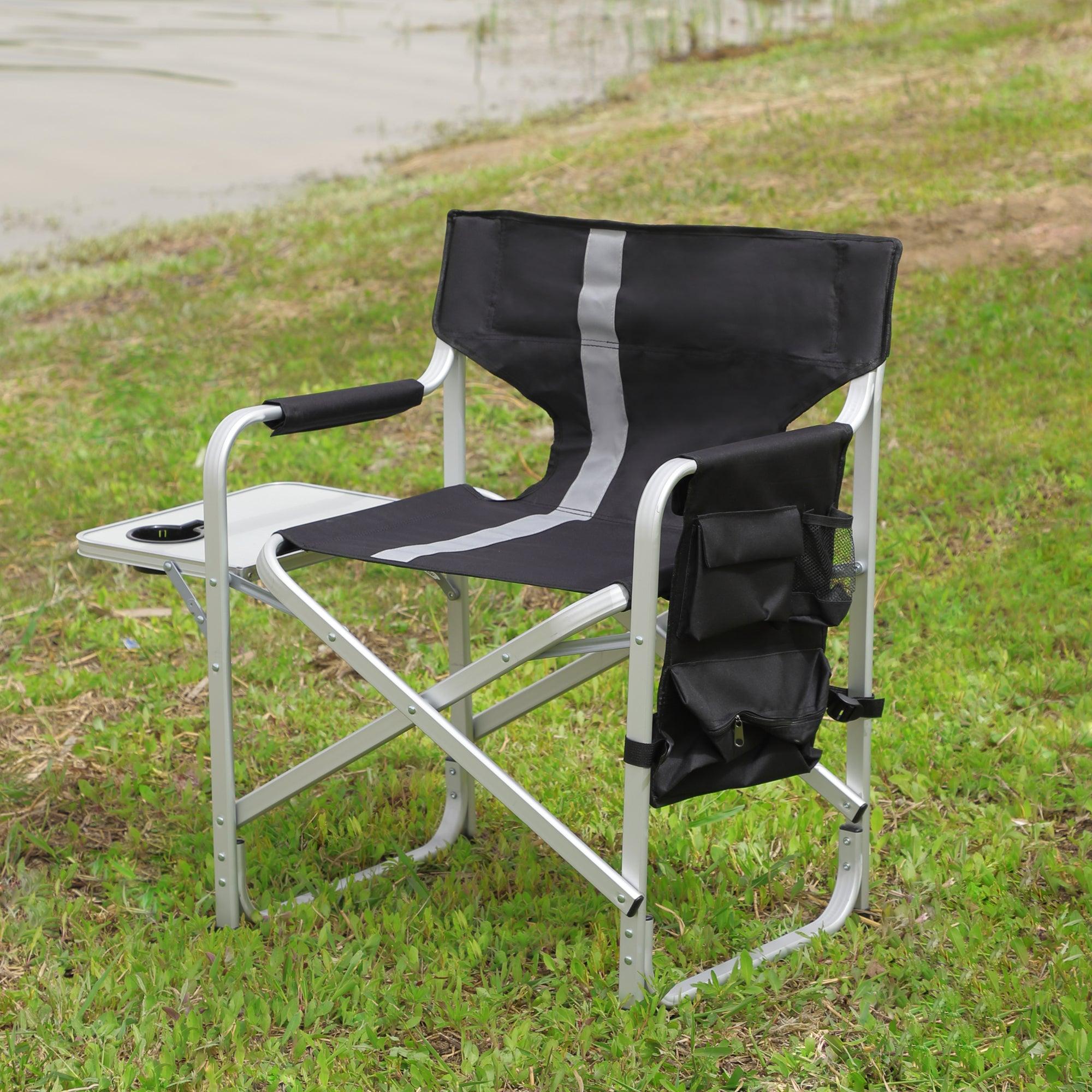 1-piece Padded Folding Outdoor Chair with Side Table andStorage Pockets,Lightweight Oversized Directors Chair for indoor, Outdoor Camping, Picnics and Fishing,Black/Grey image