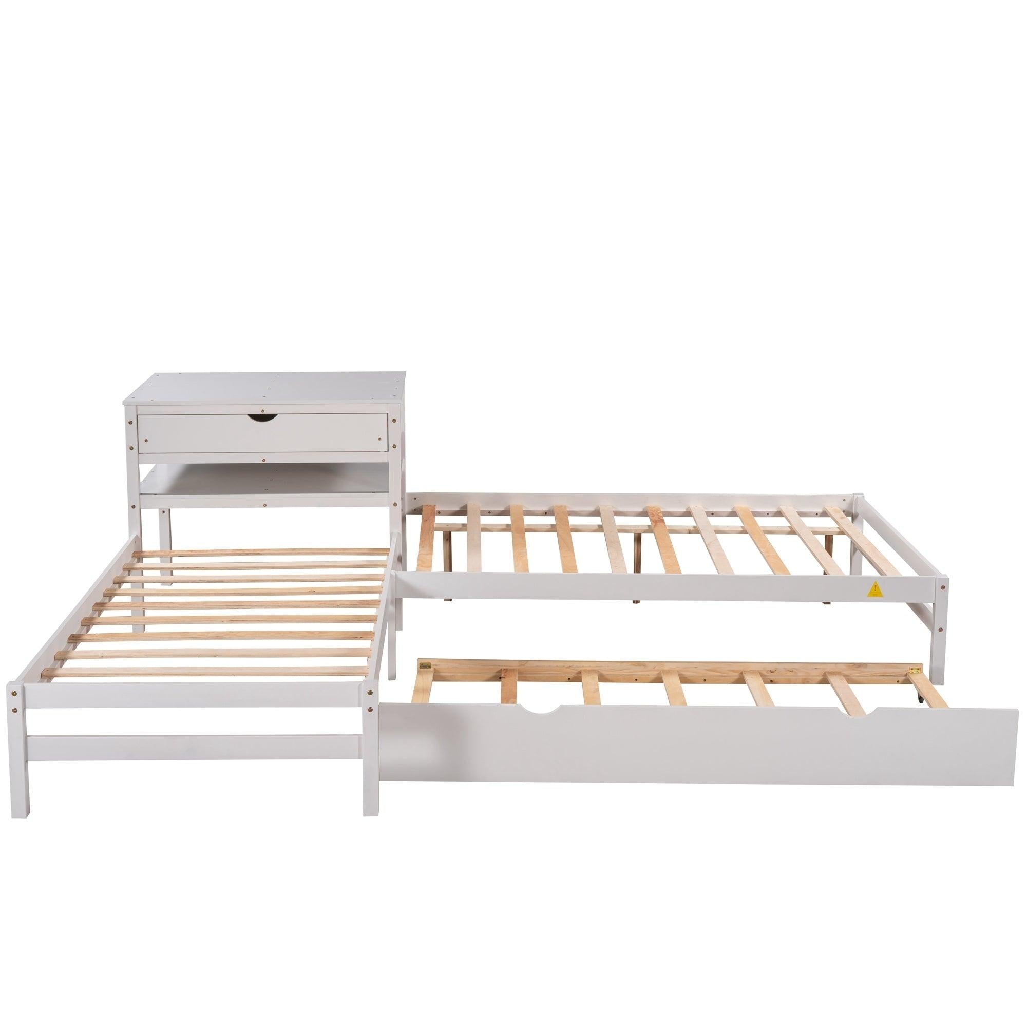 L-Shaped Full Size and Twin Size Platform Beds with Twin Size Trundle and Drawer Linked with Built-in Rectangle Table,White